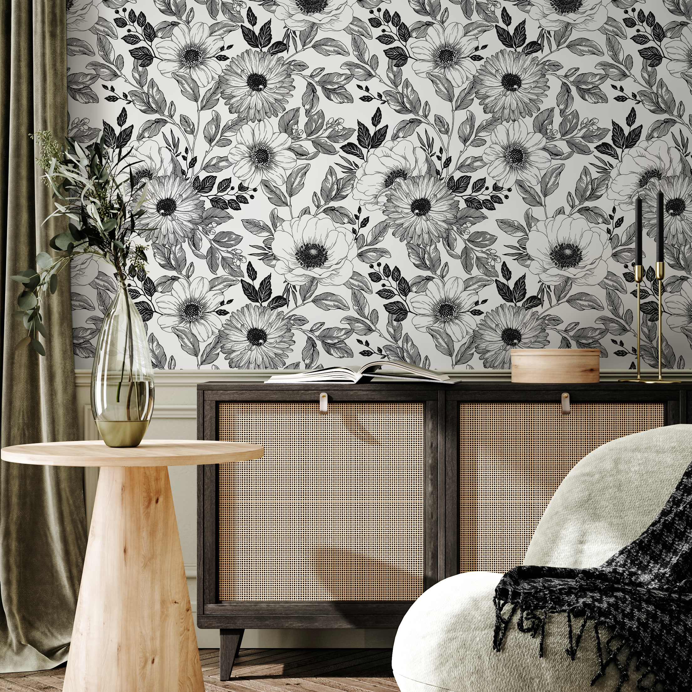 Floral Wallpaper With An Illustrative Anemone Motif In Black And White - B011