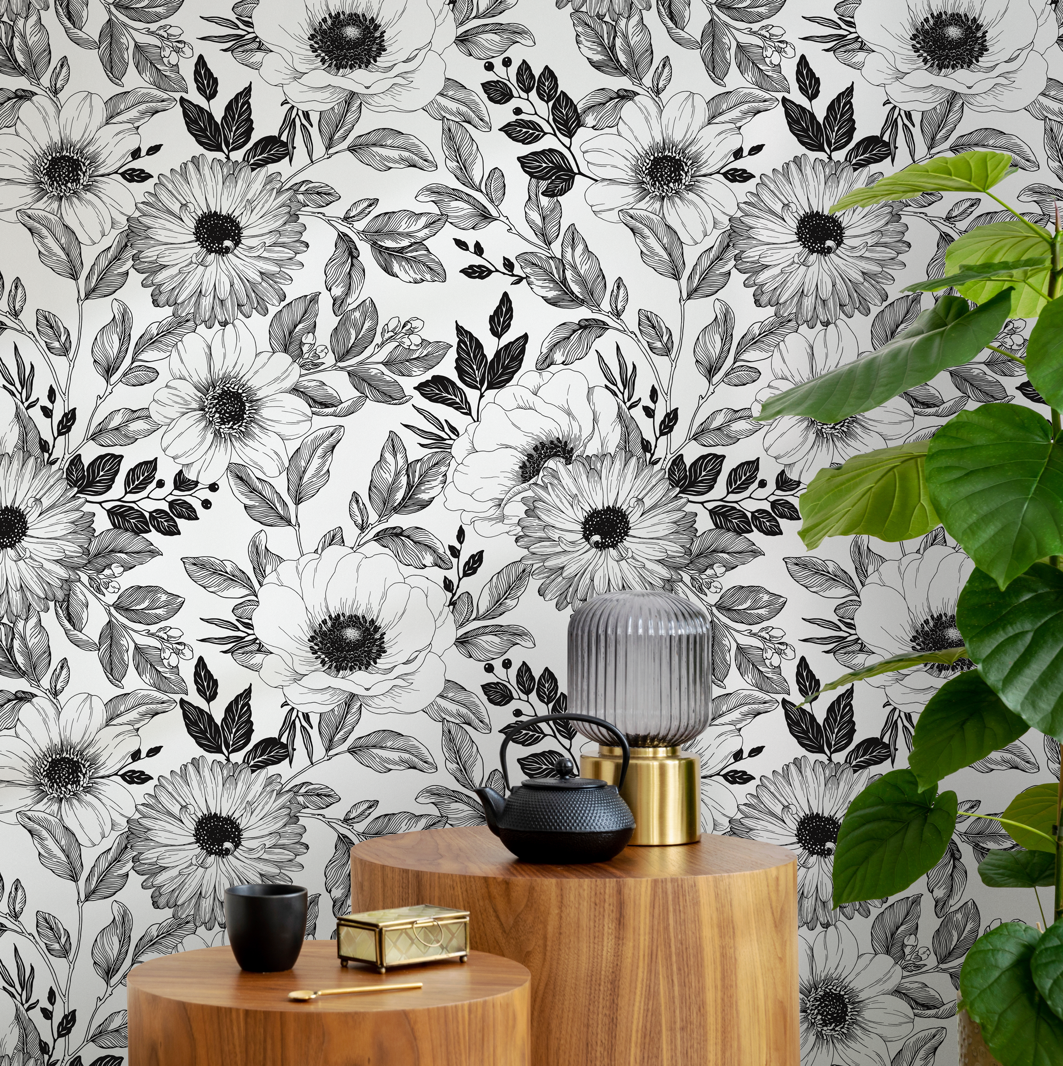 Floral Wallpaper With An Illustrative Anemone Motif In Black And White - B011