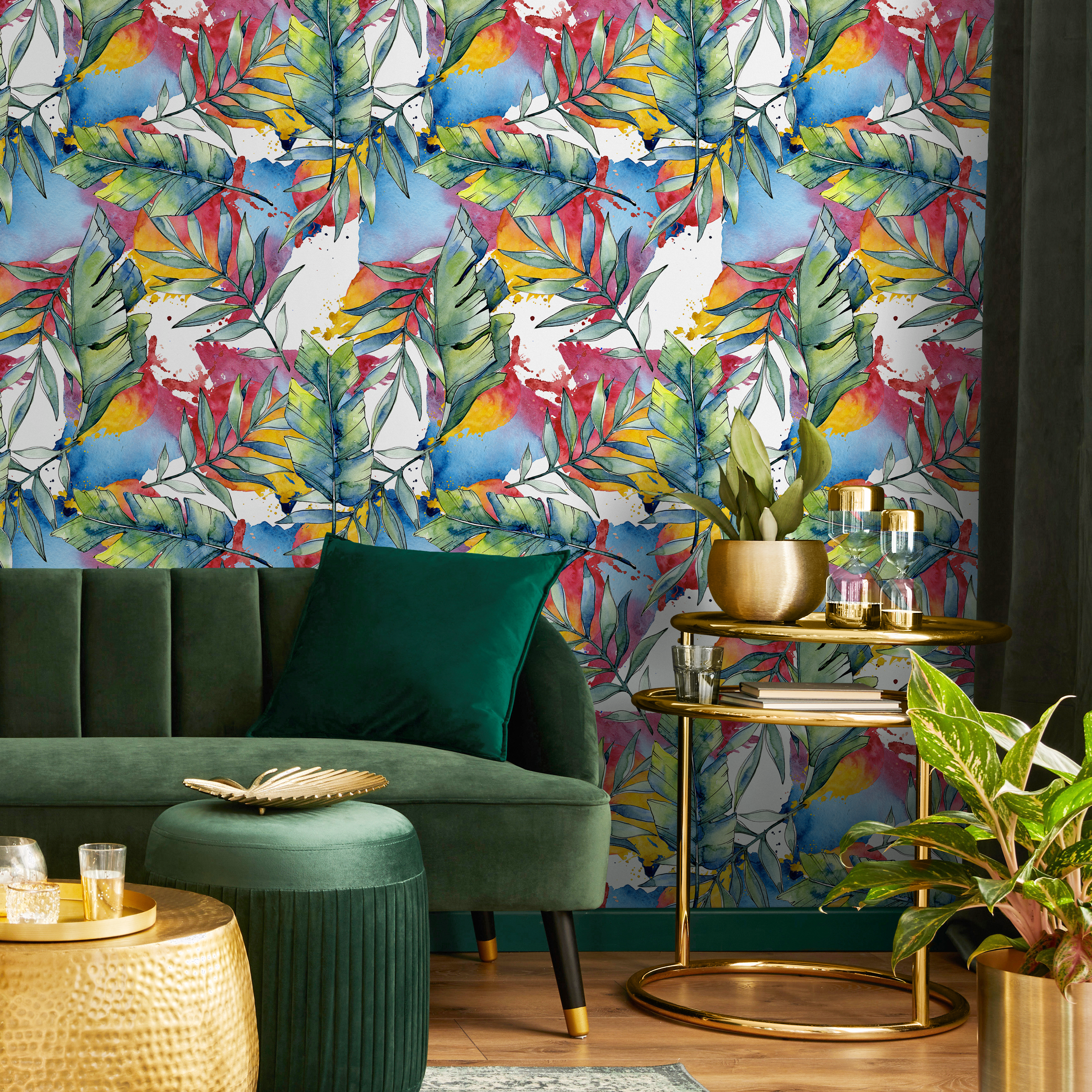 Tropical Wallpaper With An Abstract Watercolor Leaf Motif In Blue, Red, And Green - B013