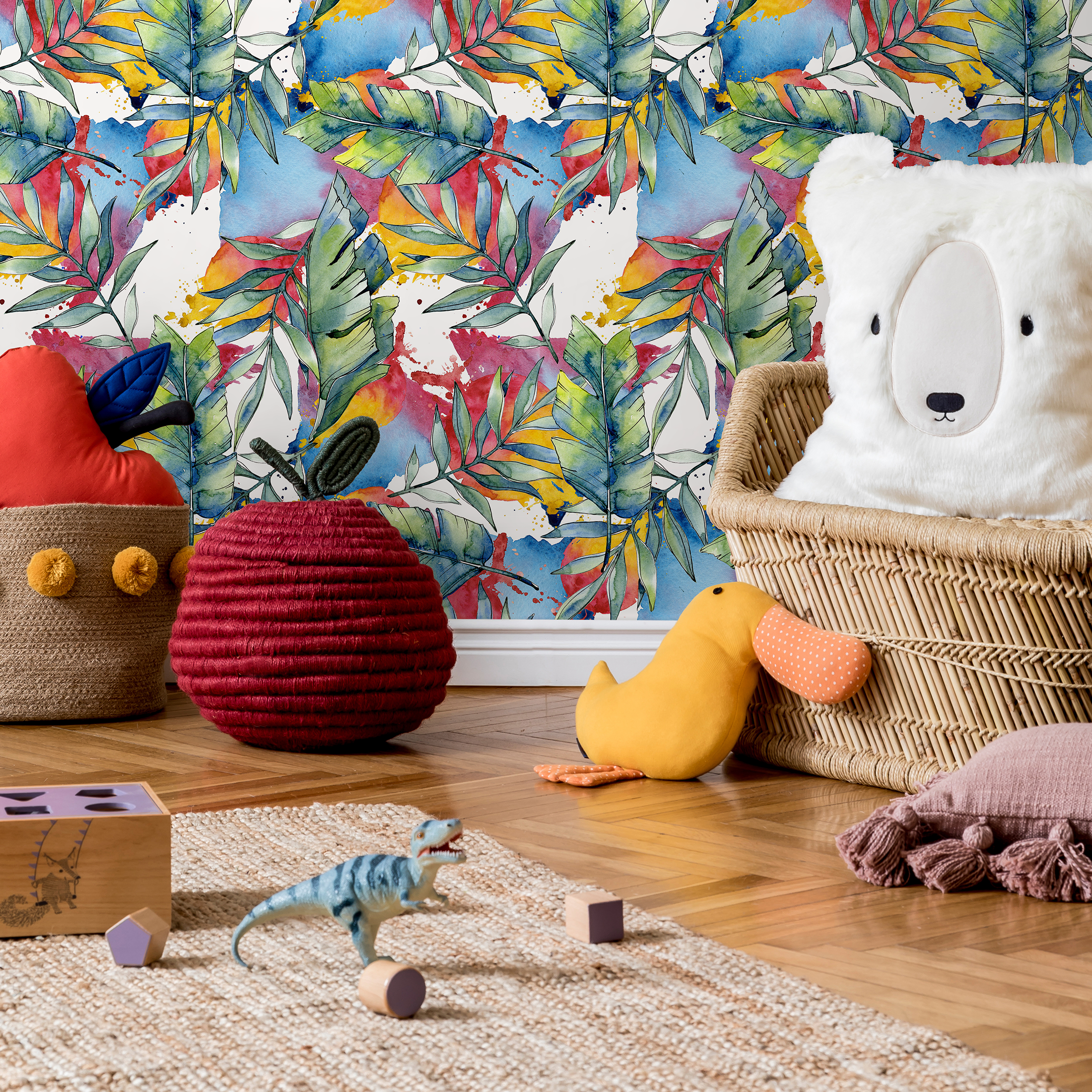 Tropical Wallpaper With An Abstract Watercolor Leaf Motif In Blue, Red, And Green - B013