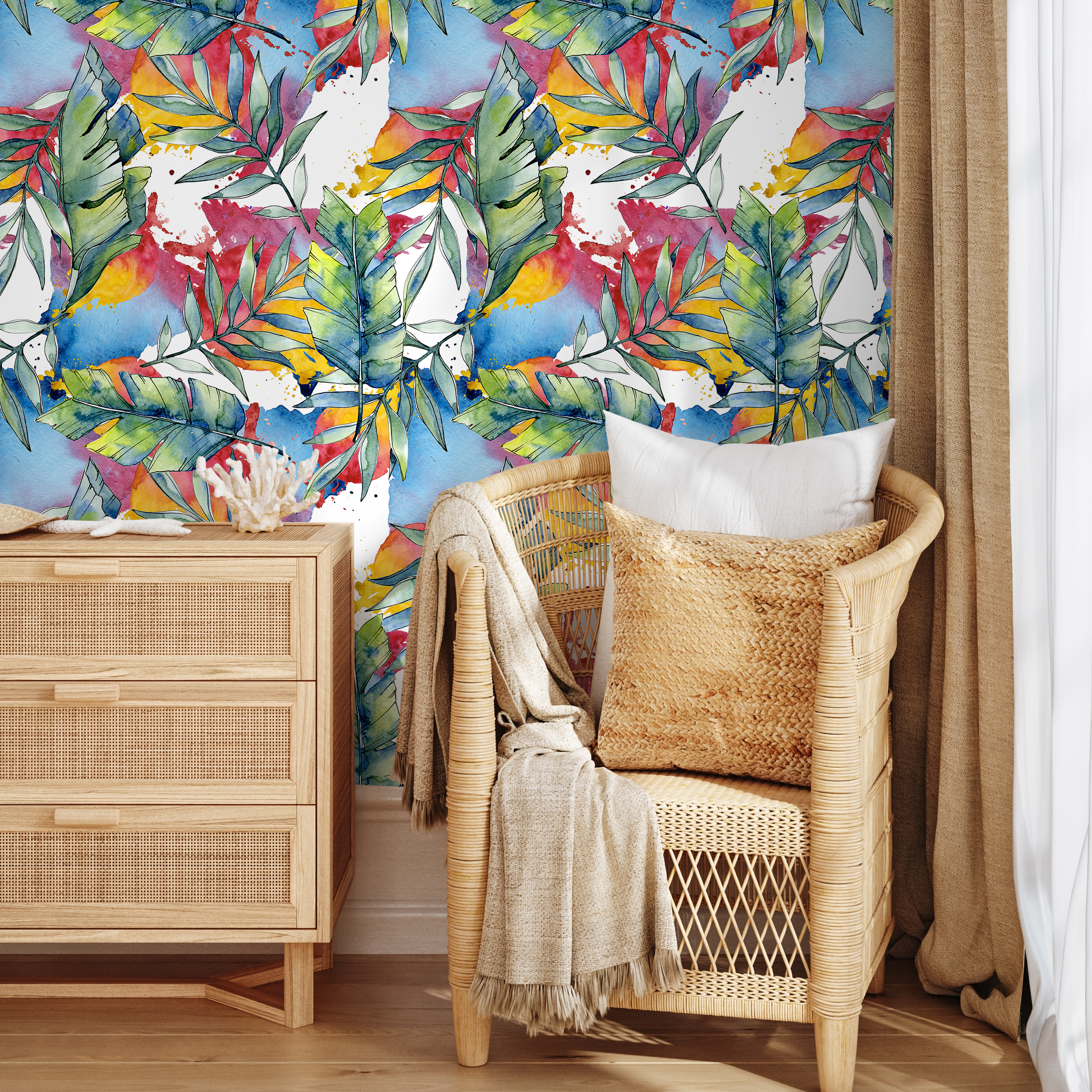 Tropical Wallpaper With An Abstract Watercolor Leaf Motif In Blue, Red, And Green - B013