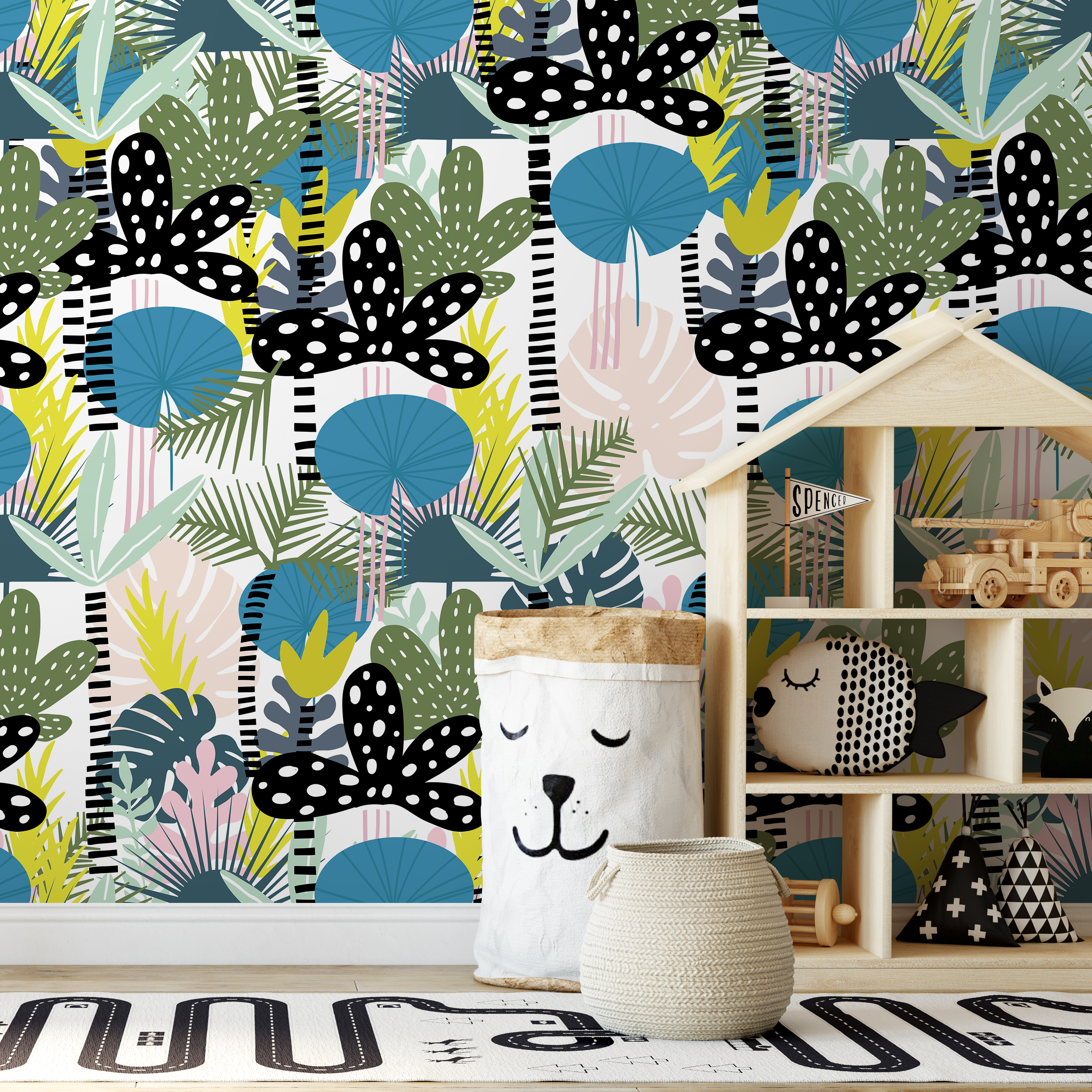Modern Botanical Wallpaper With Abstract Leaves In Black, Blue, And Green - B014