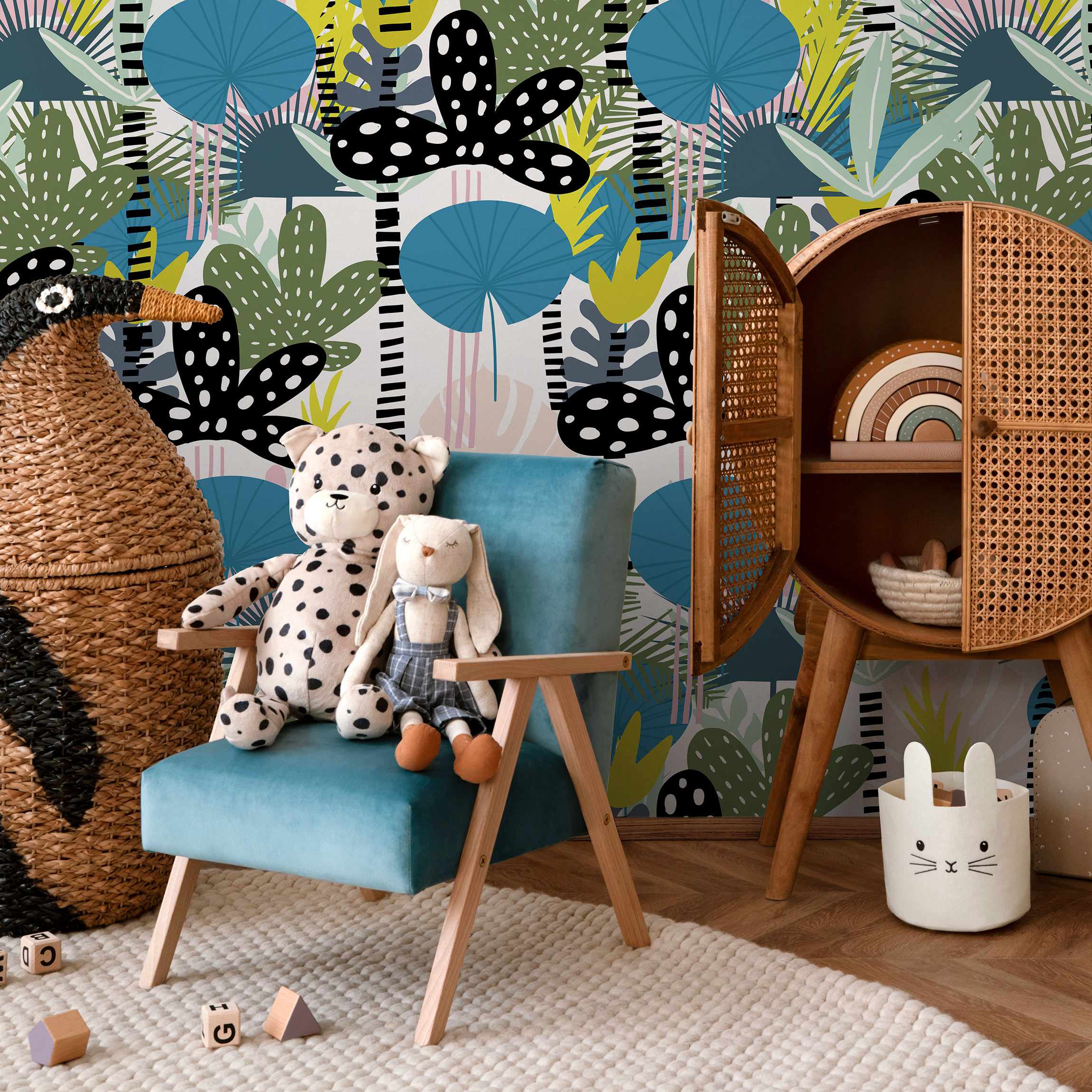 Modern Botanical Wallpaper With Abstract Leaves In Black, Blue, And Green - B014