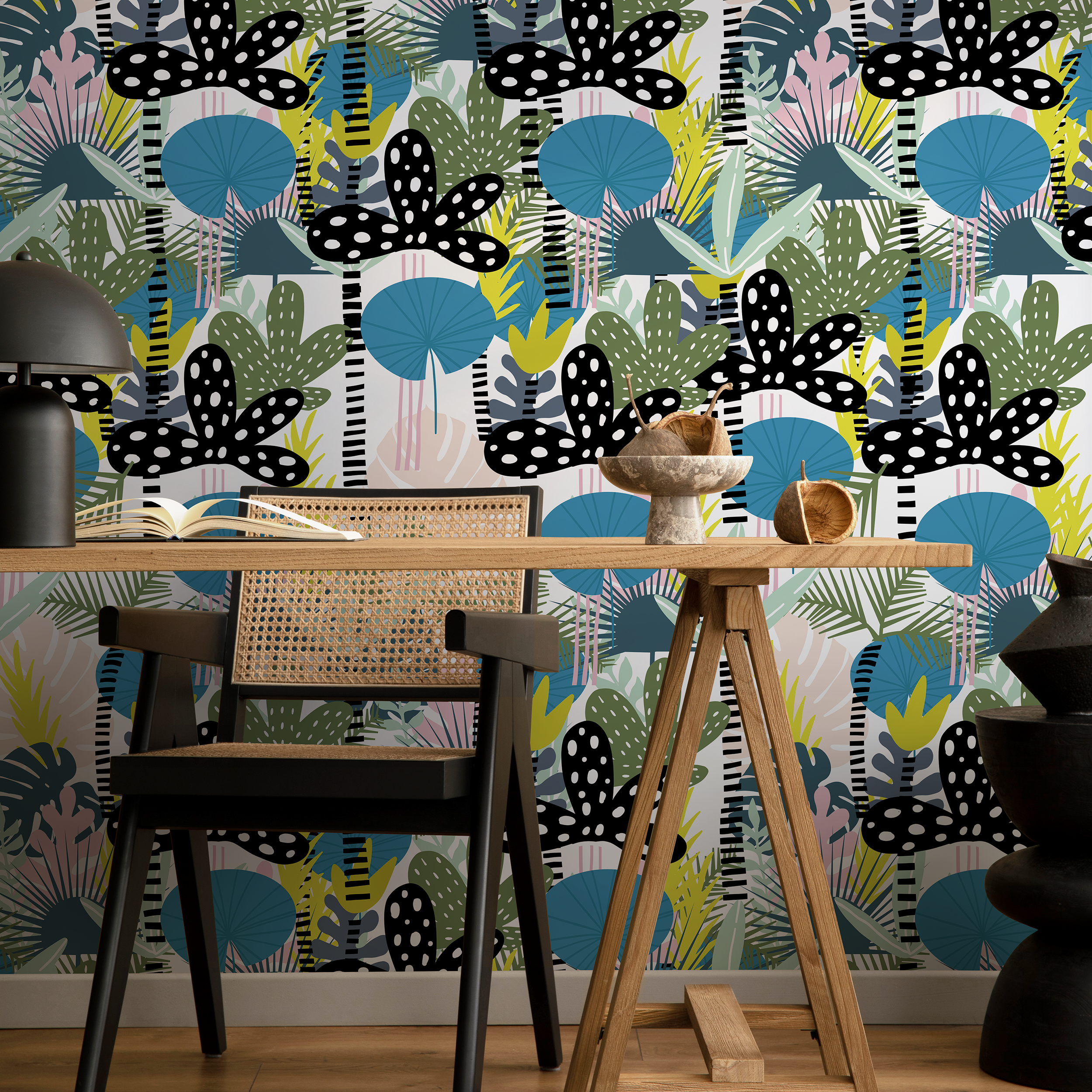 Modern Botanical Wallpaper With Abstract Leaves In Black, Blue, And Green - B014