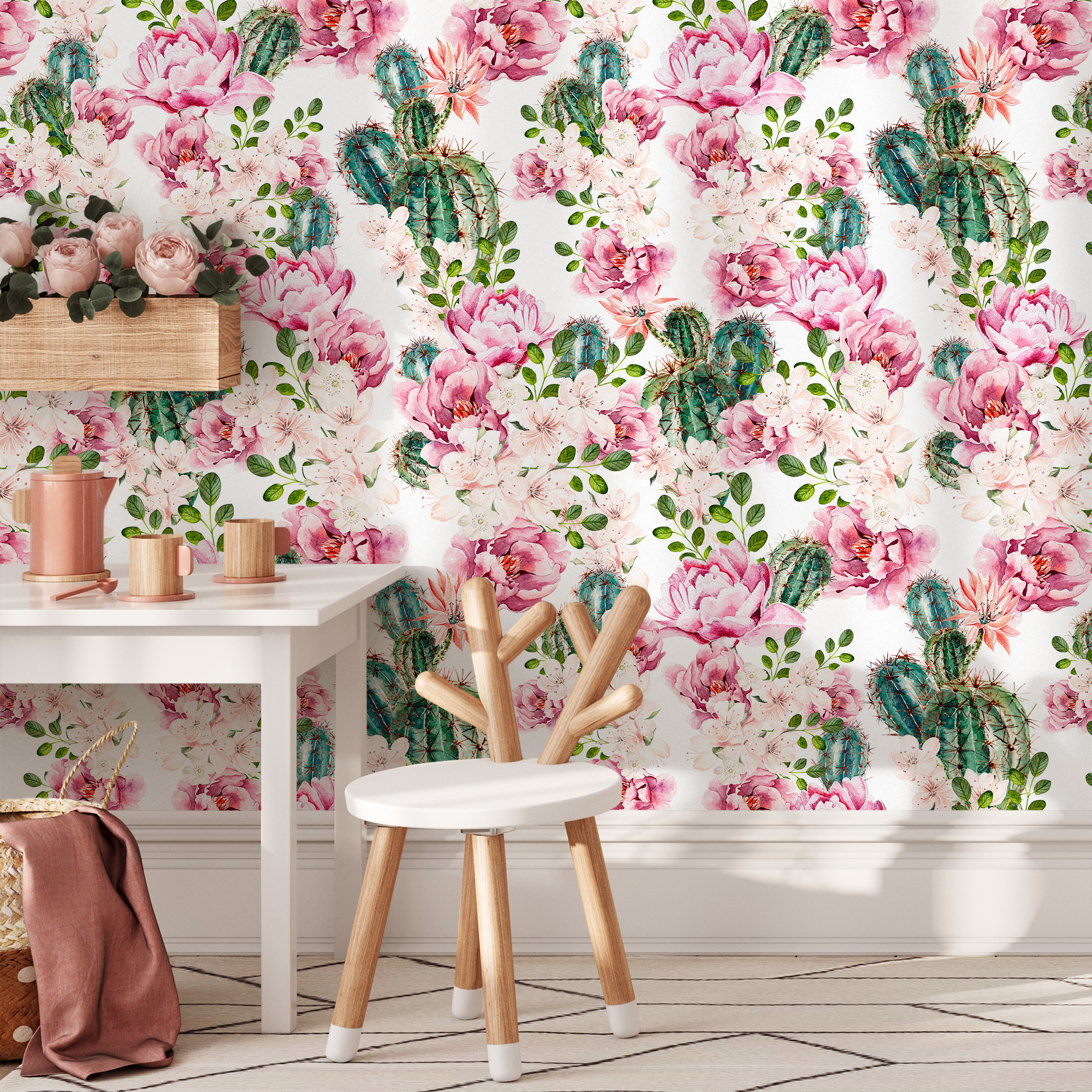 Floral Wallpaper With Blooming Roses And Cactus In Pink And Green - B020