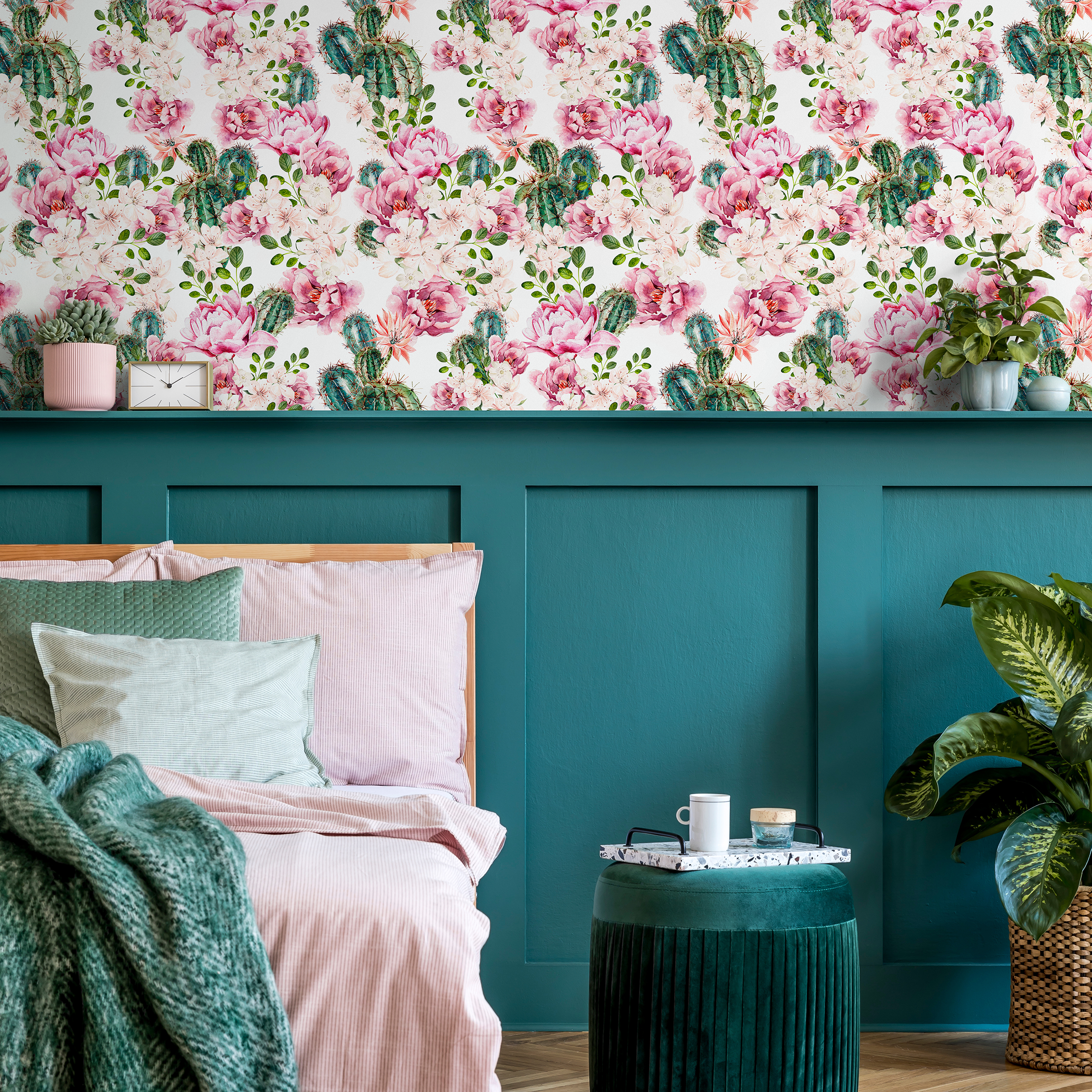 Floral Wallpaper With Blooming Roses And Cactus In Pink And Green - B020