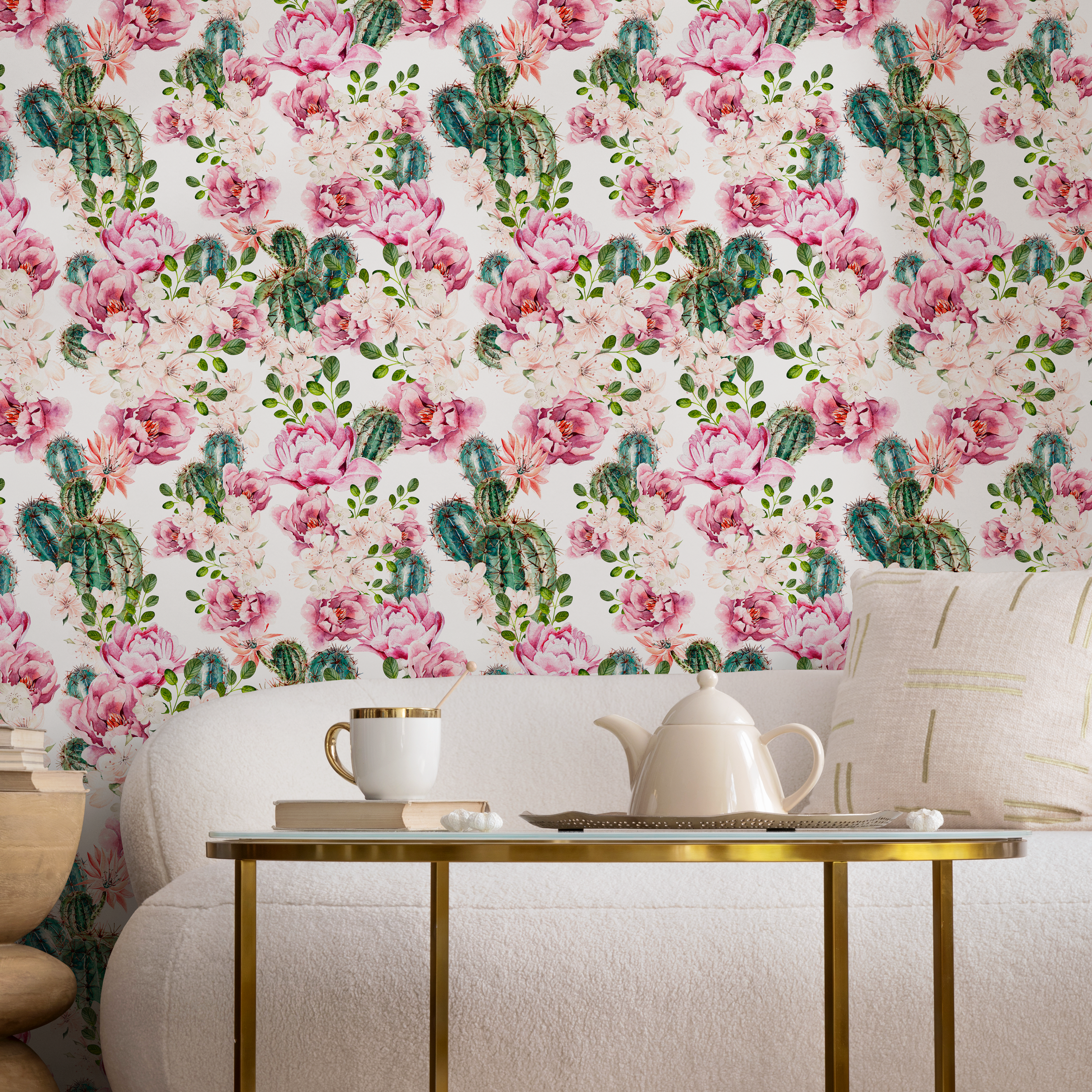 Floral Wallpaper With Blooming Roses And Cactus In Pink And Green - B020