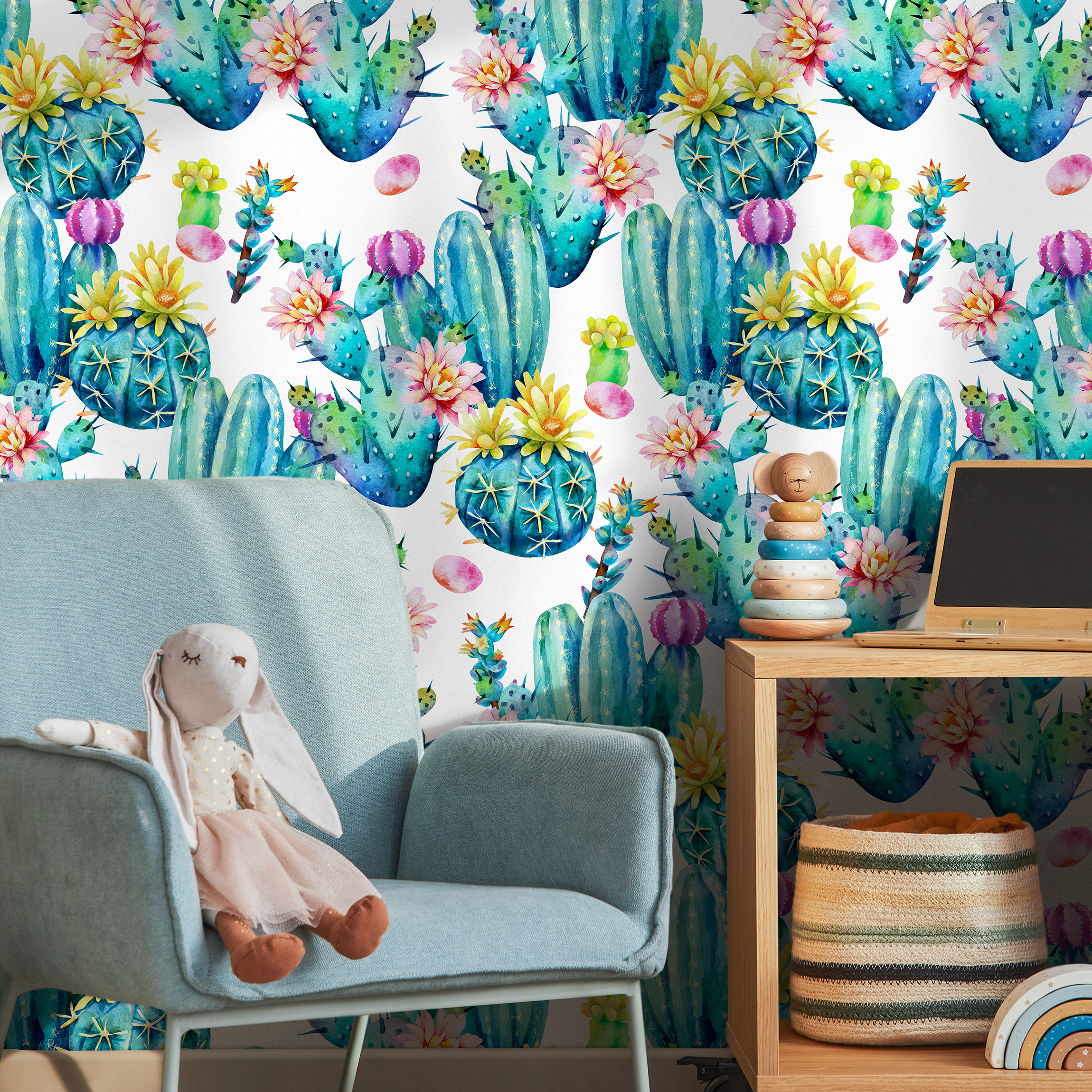 Cactus Wallpaper With A Watercolor Motif In Teal, Pink, And Yellow - B023