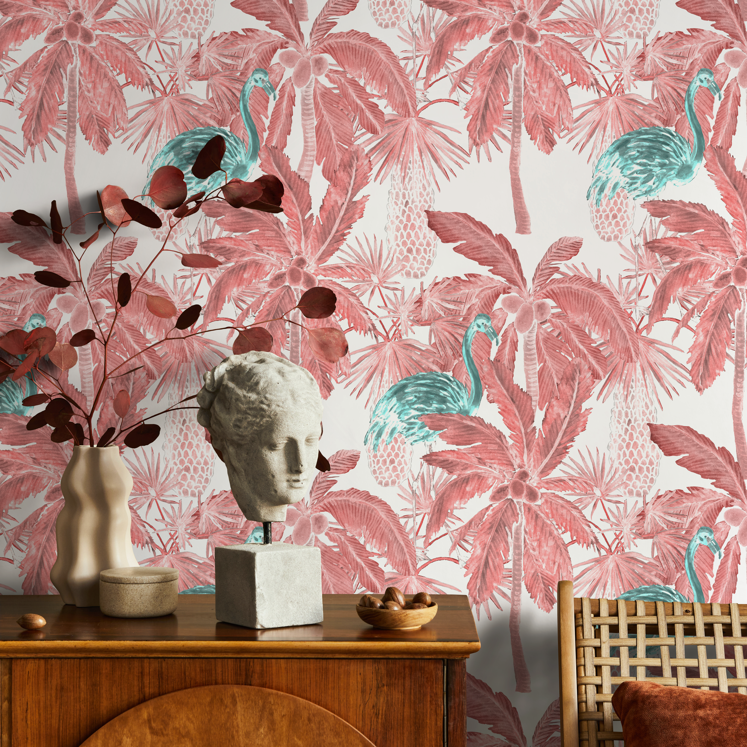 Tropical Wallpaper With Palm Trees And Exotic Birds In Red, Pink, And Teal - B026