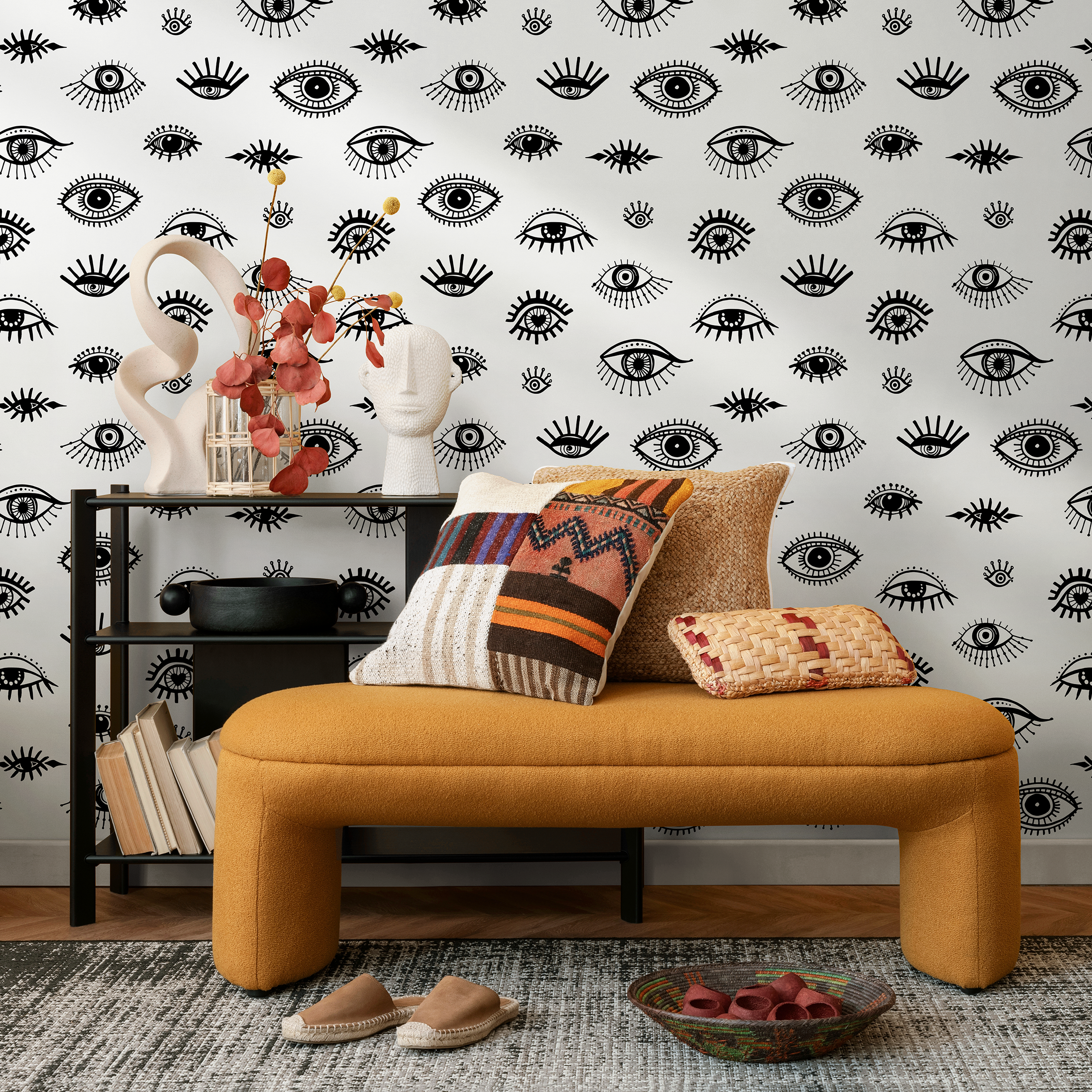 Abstract Wallpaper Featuring Stylized Eyes In Black And White - B027