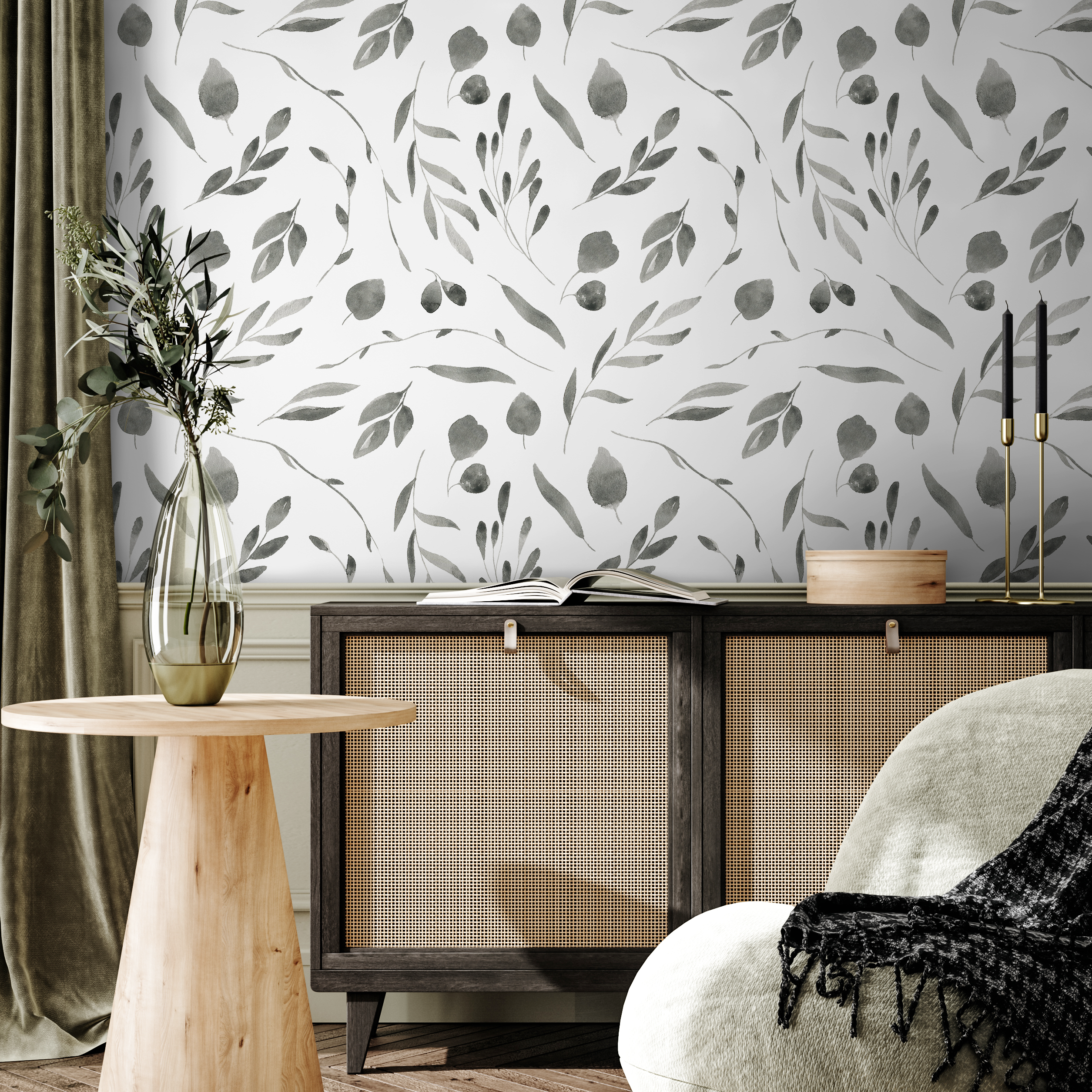 Botanical Wallpaper With A Delicate Watercolor Leaf Motif In Black And Gray - B028