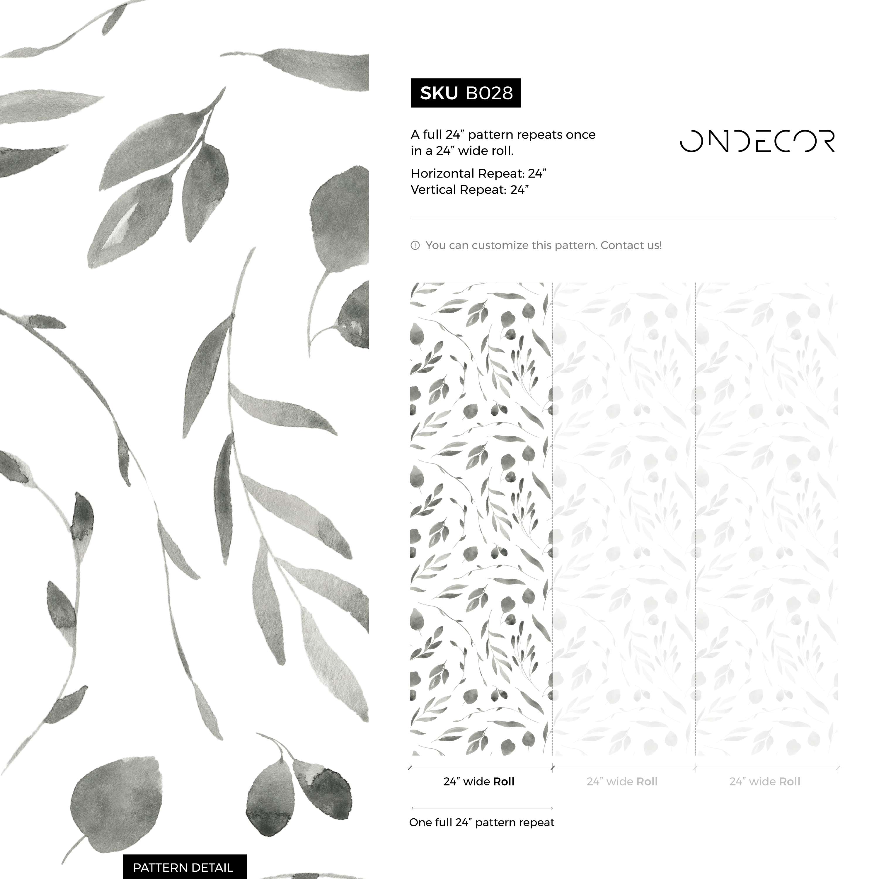 Botanical Wallpaper With A Delicate Watercolor Leaf Motif In Black And Gray - B028