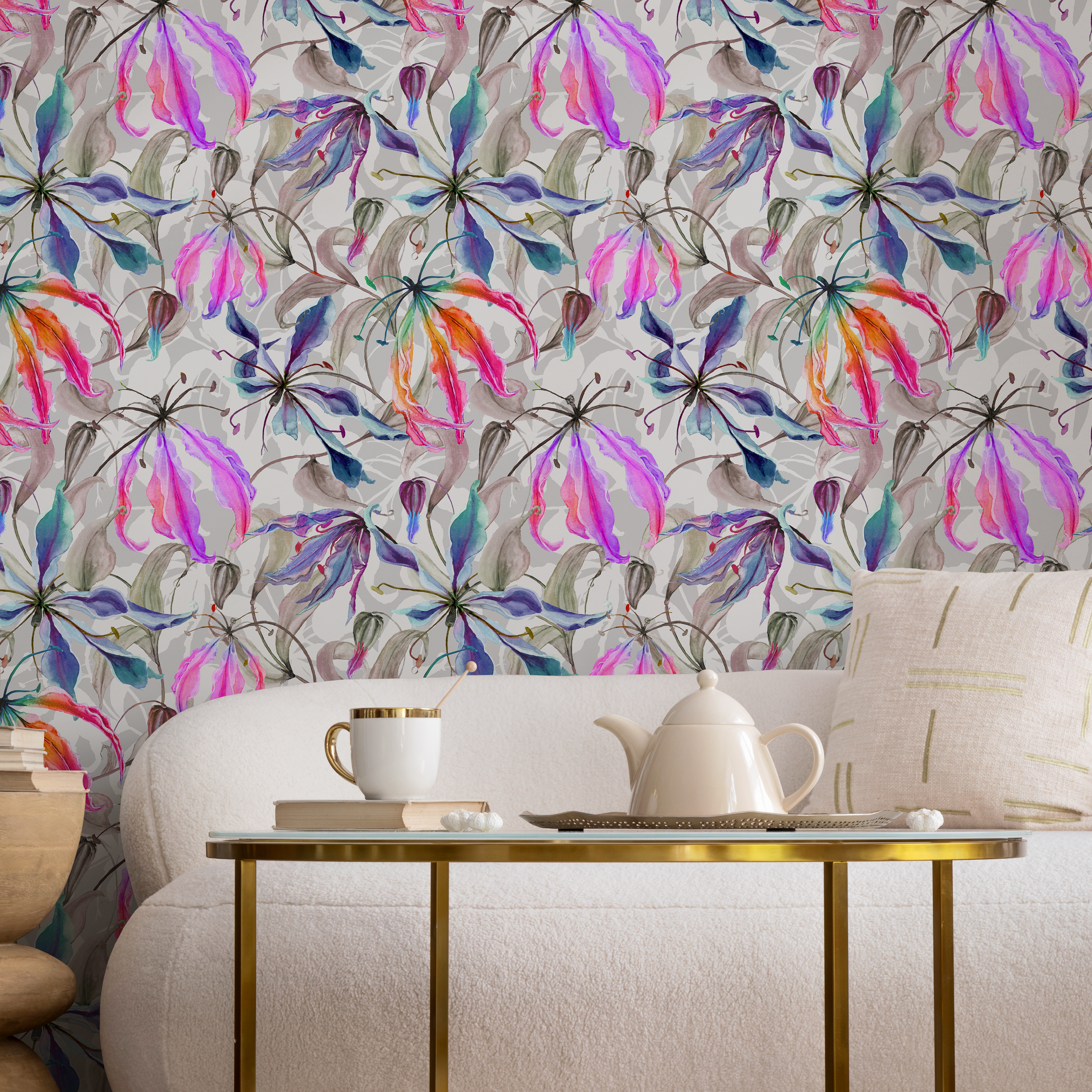 Floral Wallpaper With Watercolor Glory Lilies In Pink, Purple, And Blue - B030