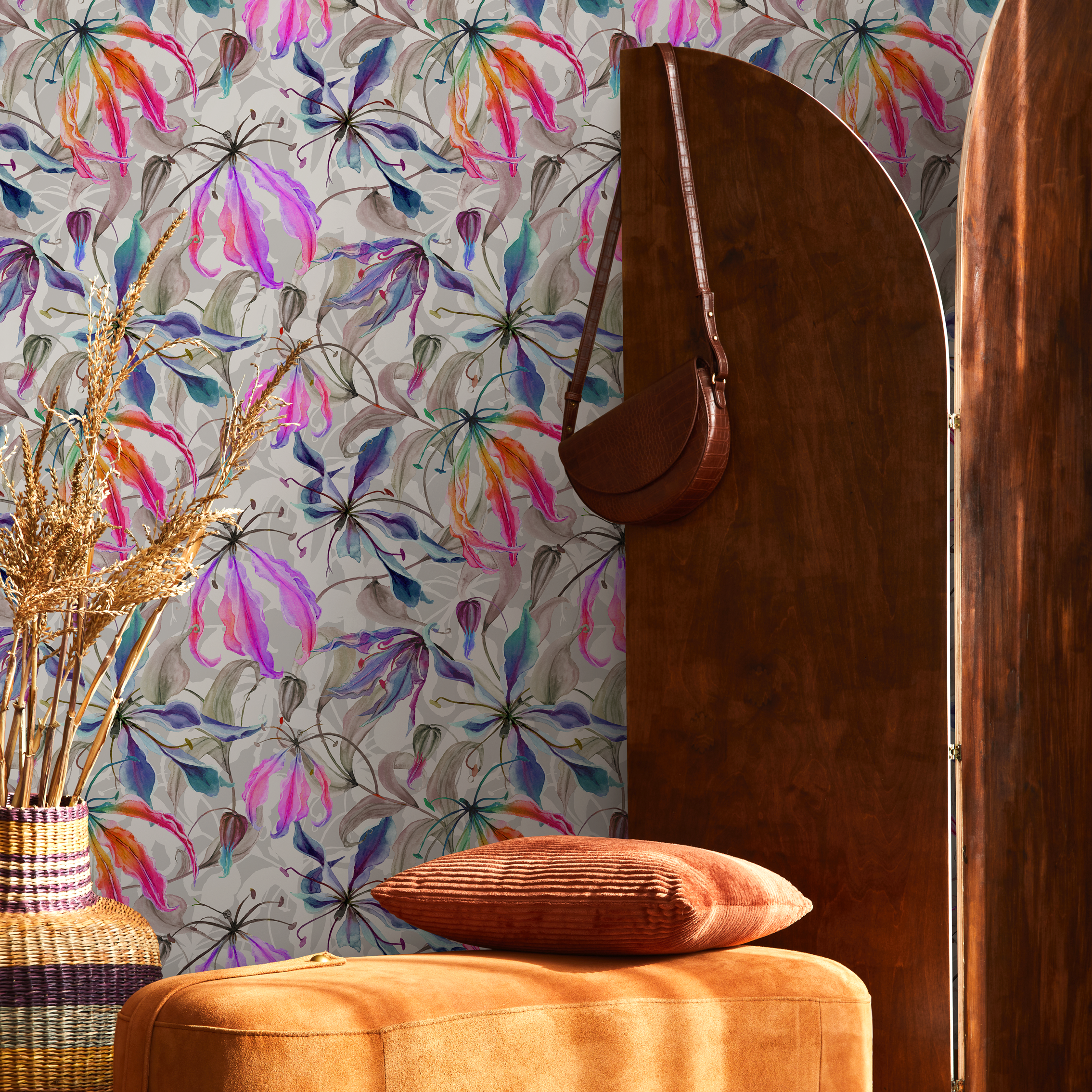 Floral Wallpaper With Watercolor Glory Lilies In Pink, Purple, And Blue - B030