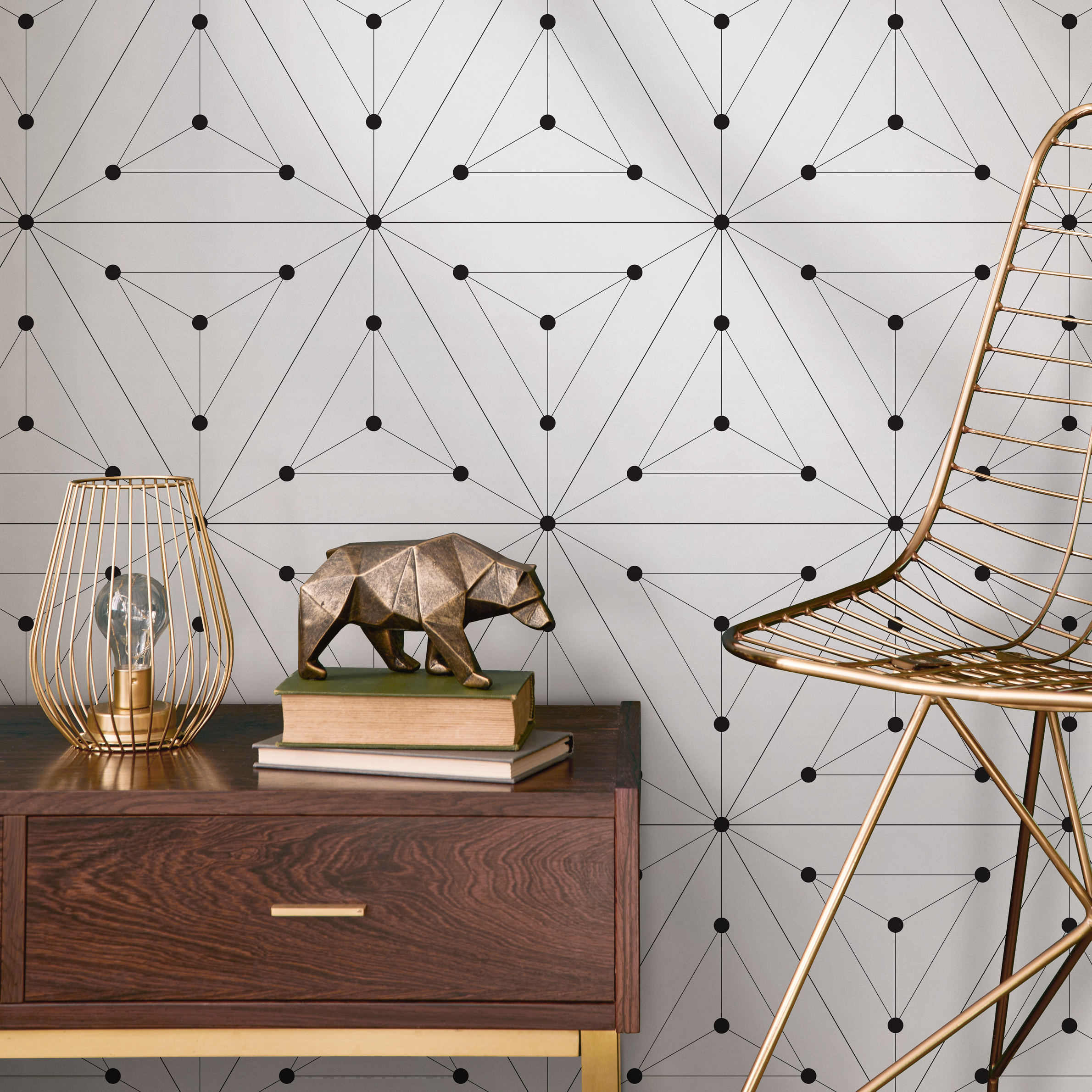 Geometric Wallpaper With A Starburst Line Motif In Black And White - B035