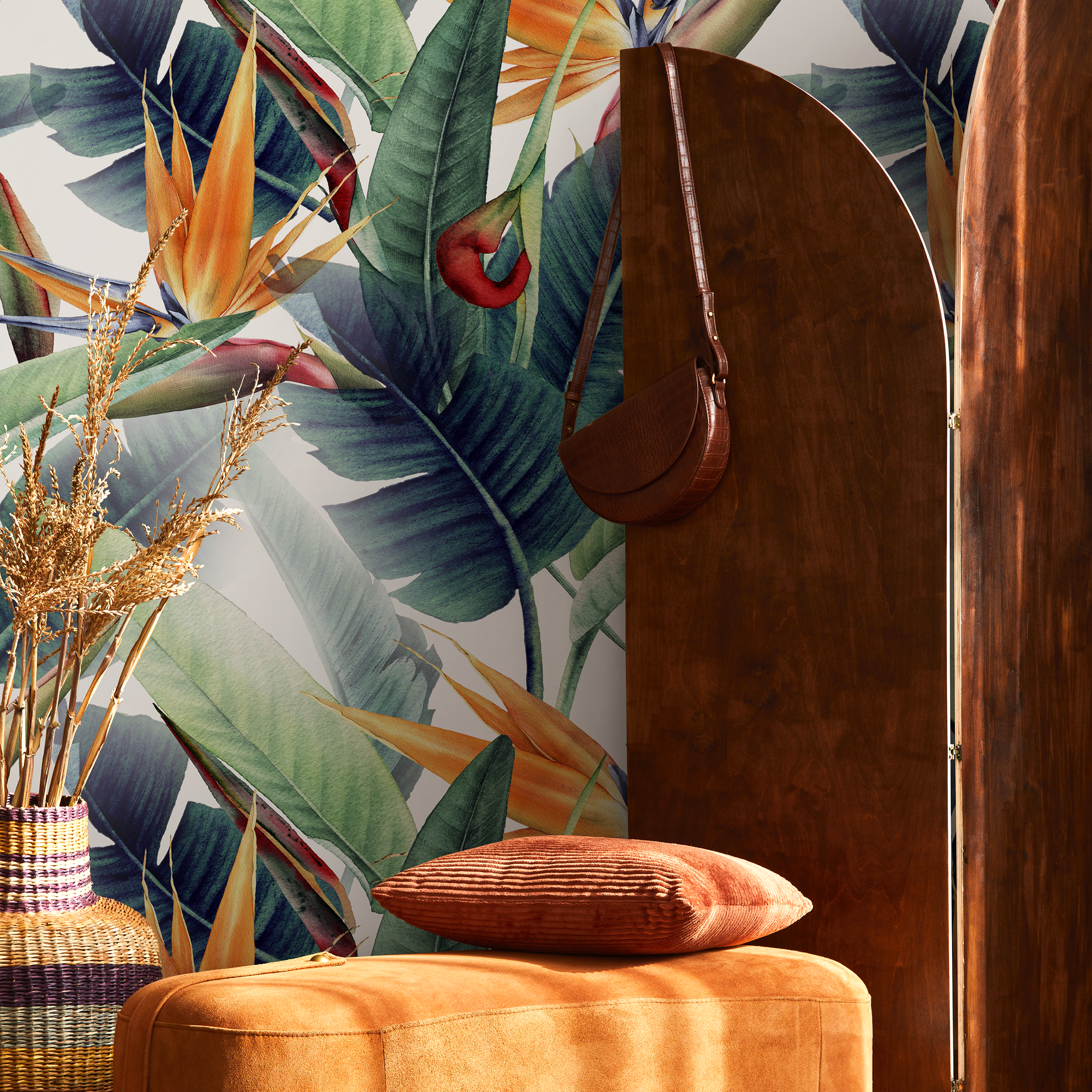 Tropical Wallpaper With Bird Of Paradise Flowers In Orange, Green, And Blue - B037