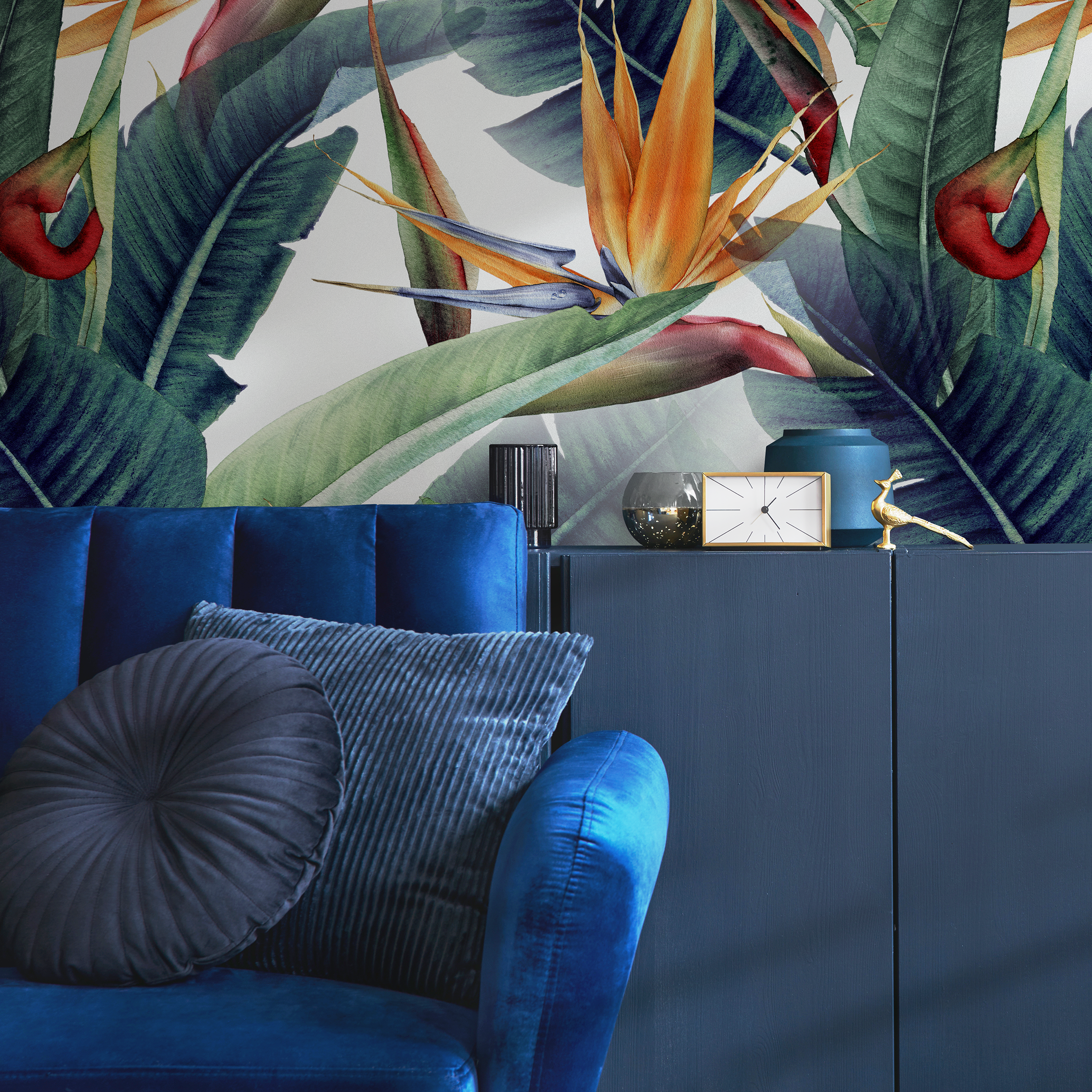 Tropical Wallpaper With Bird Of Paradise Flowers In Orange, Green, And Blue - B037