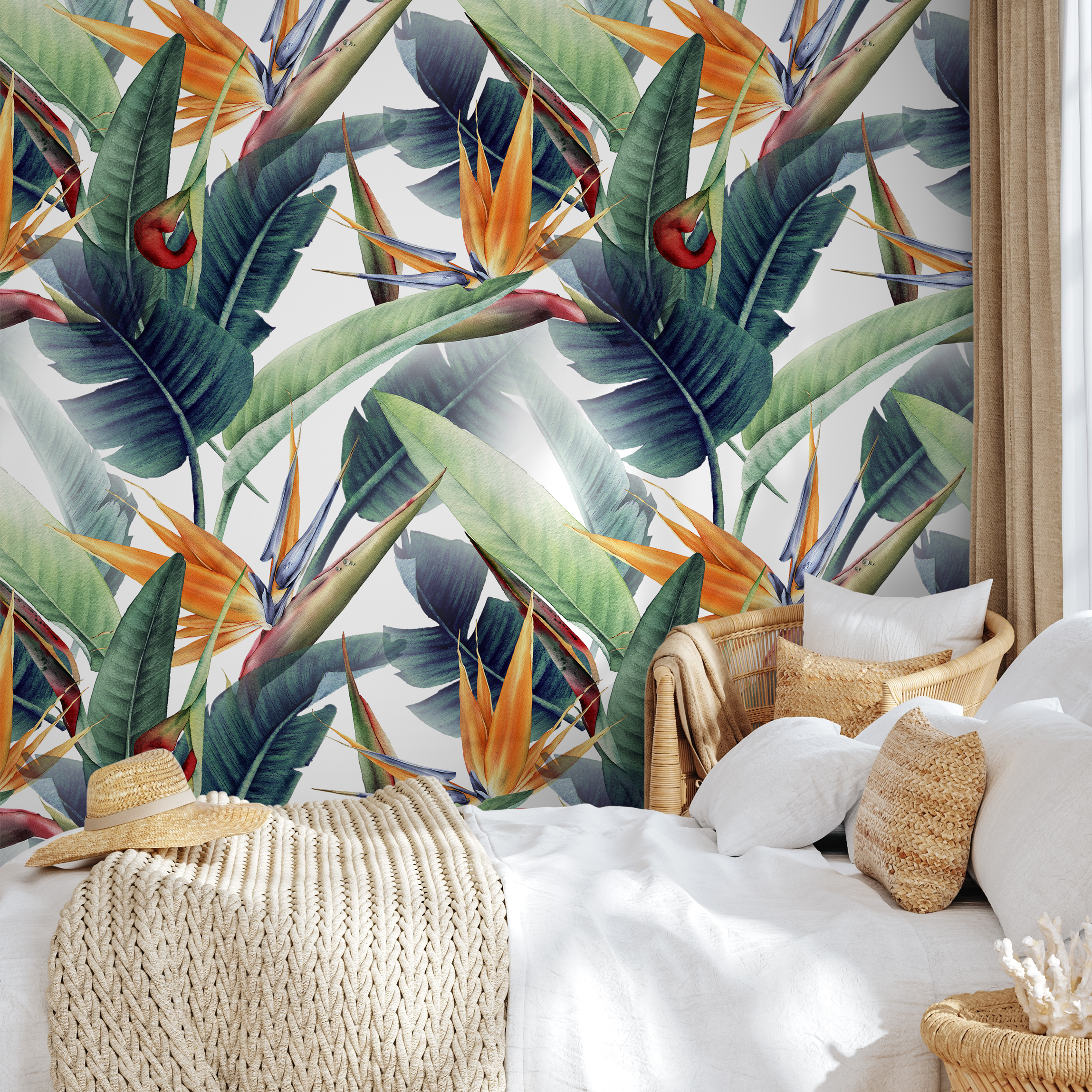 Tropical Wallpaper With Bird Of Paradise Flowers In Orange, Green, And Blue - B037