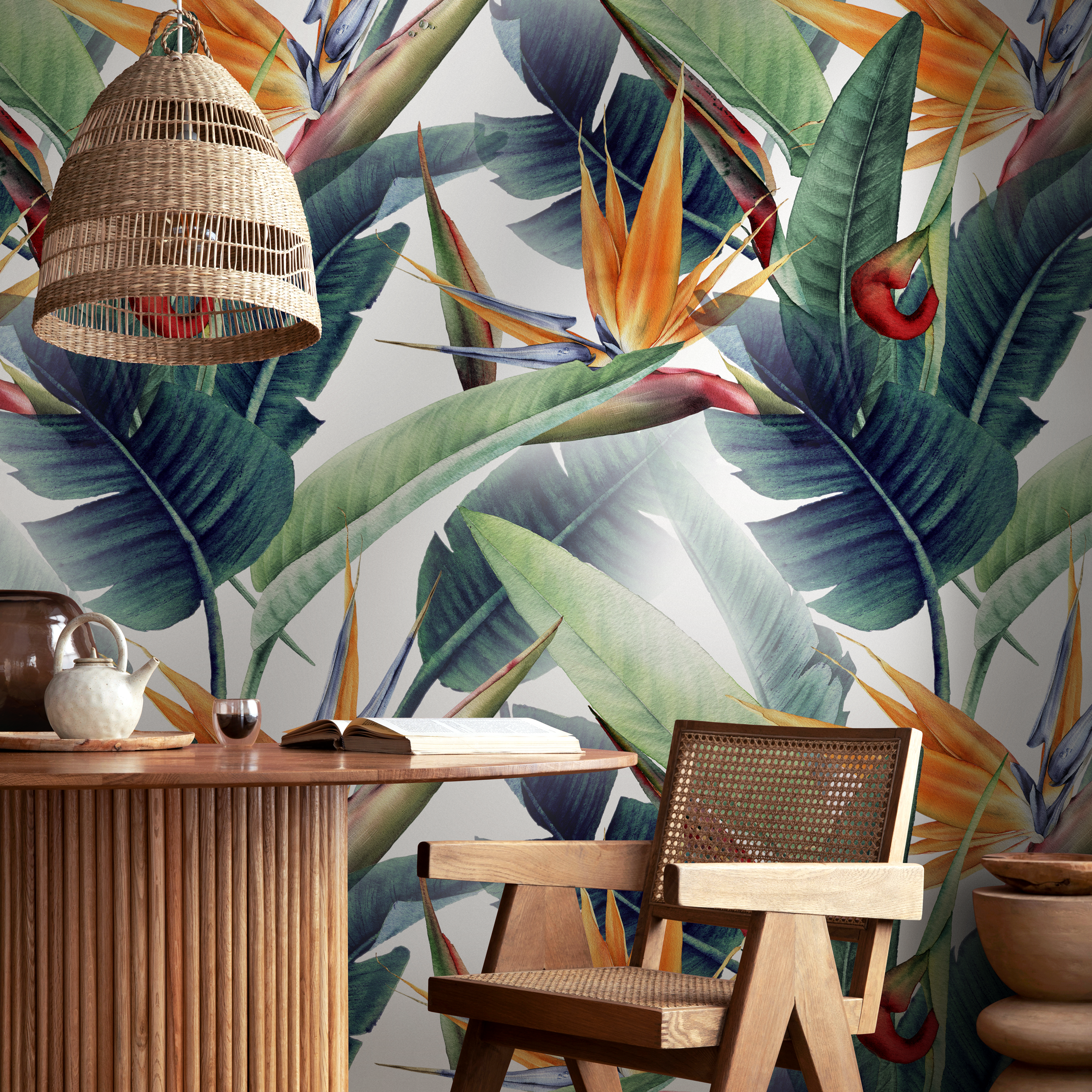 Tropical Wallpaper With Bird Of Paradise Flowers In Orange, Green, And Blue - B037
