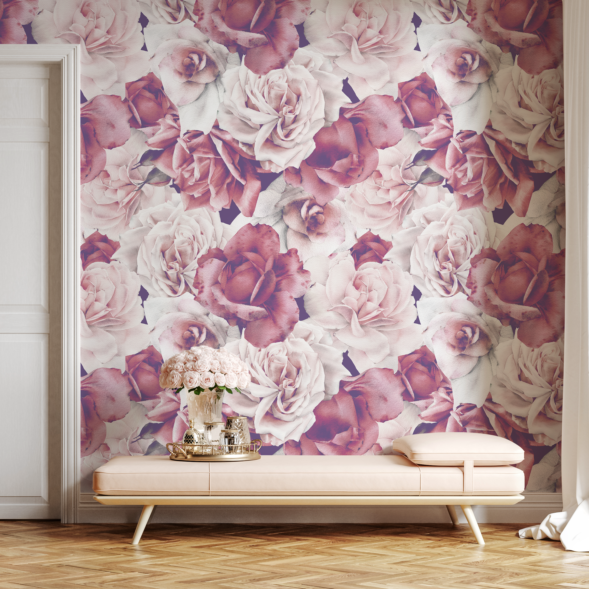 Floral Wallpaper With A Vintage Watercolor Motif In Pink, Mauve, And Cream - B038