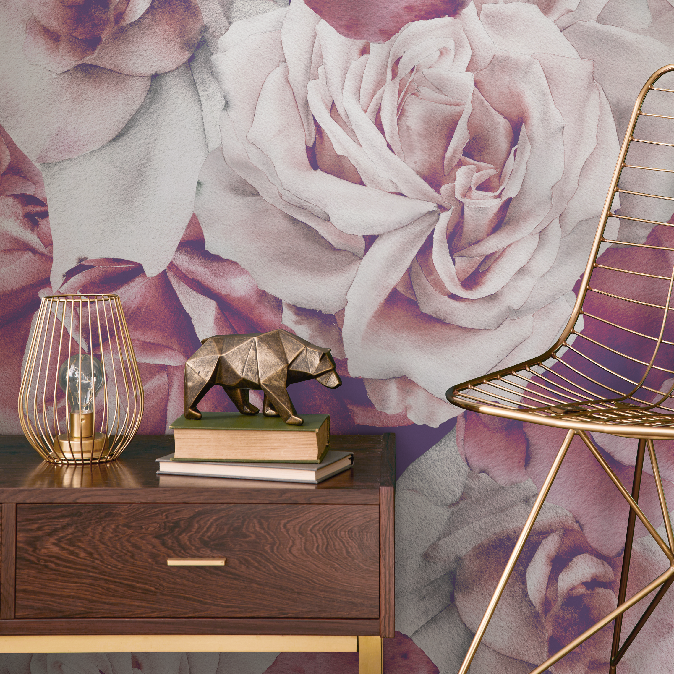 Floral Wallpaper With A Vintage Watercolor Motif In Pink, Mauve, And Cream - B038