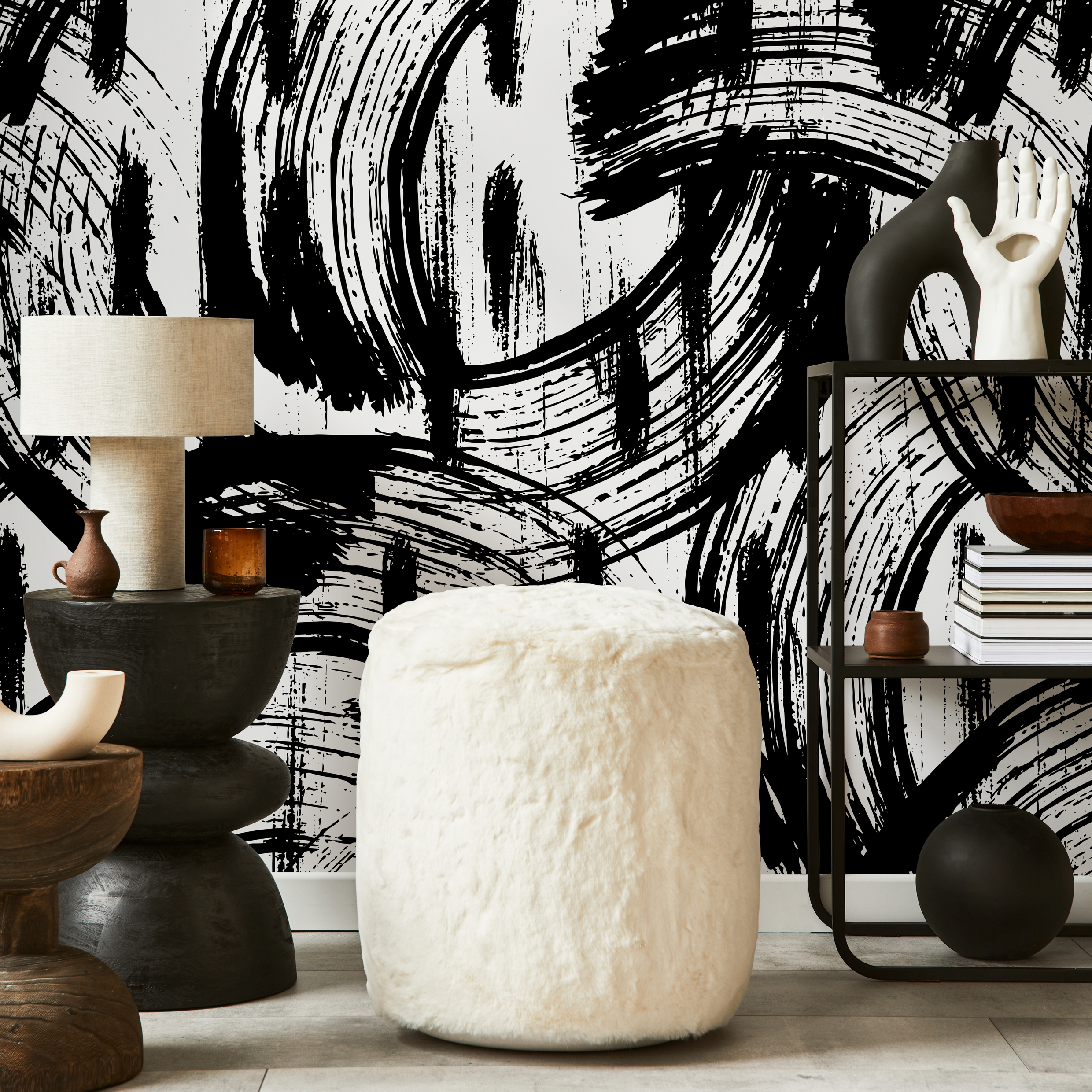 Abstract Wallpaper With Bold Paintbrush Strokes In Black And White - B039