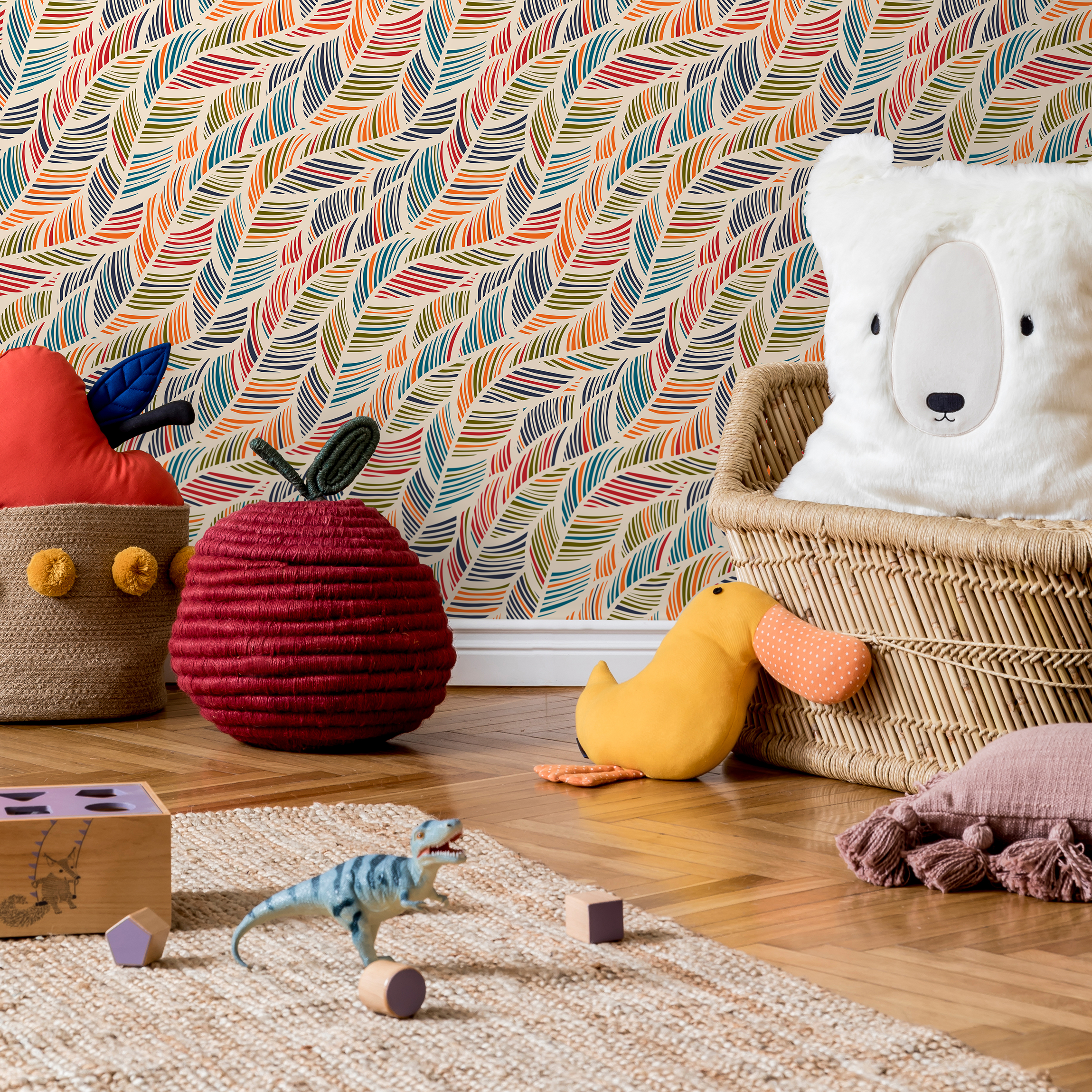 Scandinavian Wallpaper With Flowing Striped Leaves In Red, Blue, And Orange - B041