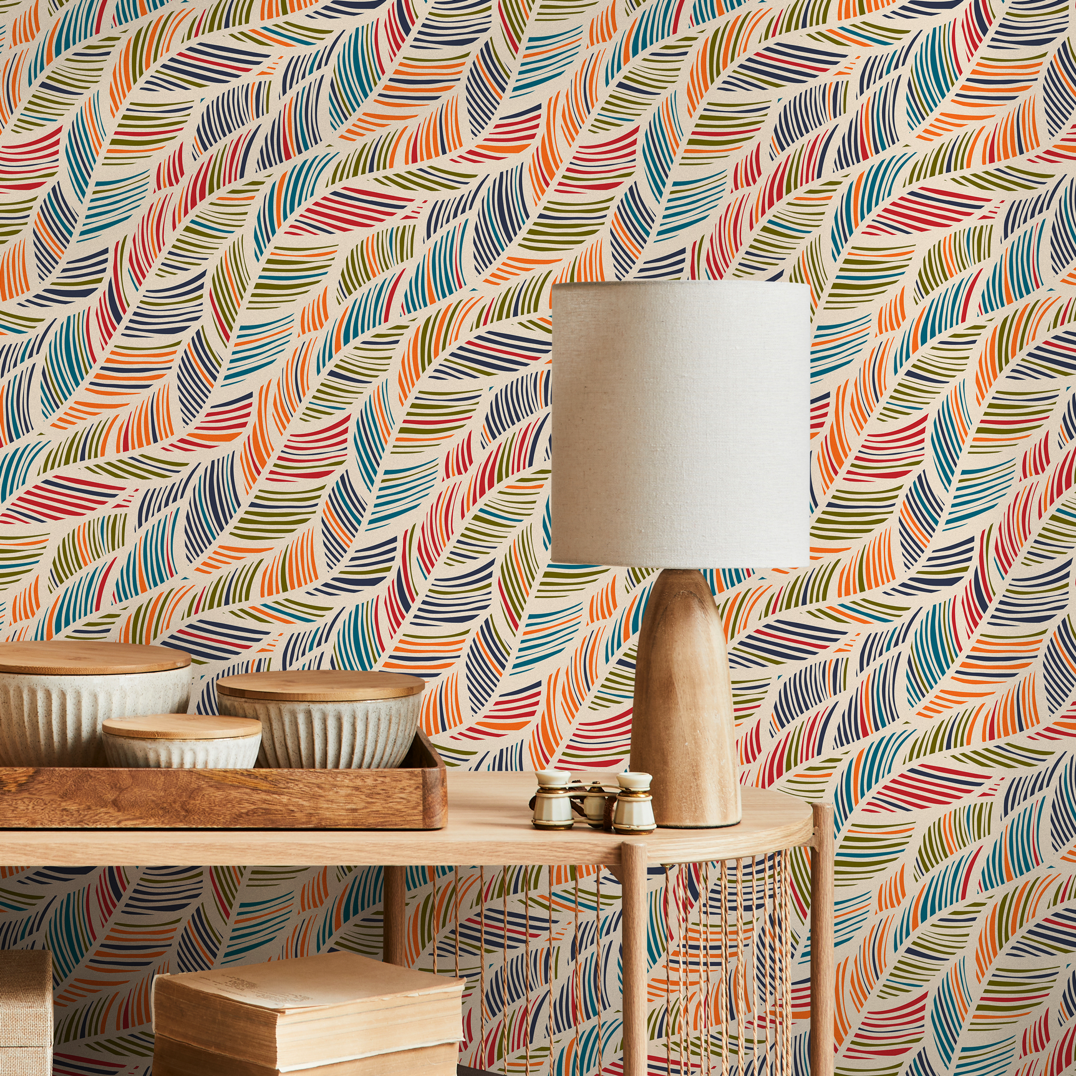Scandinavian Wallpaper With Flowing Striped Leaves In Red, Blue, And Orange - B041