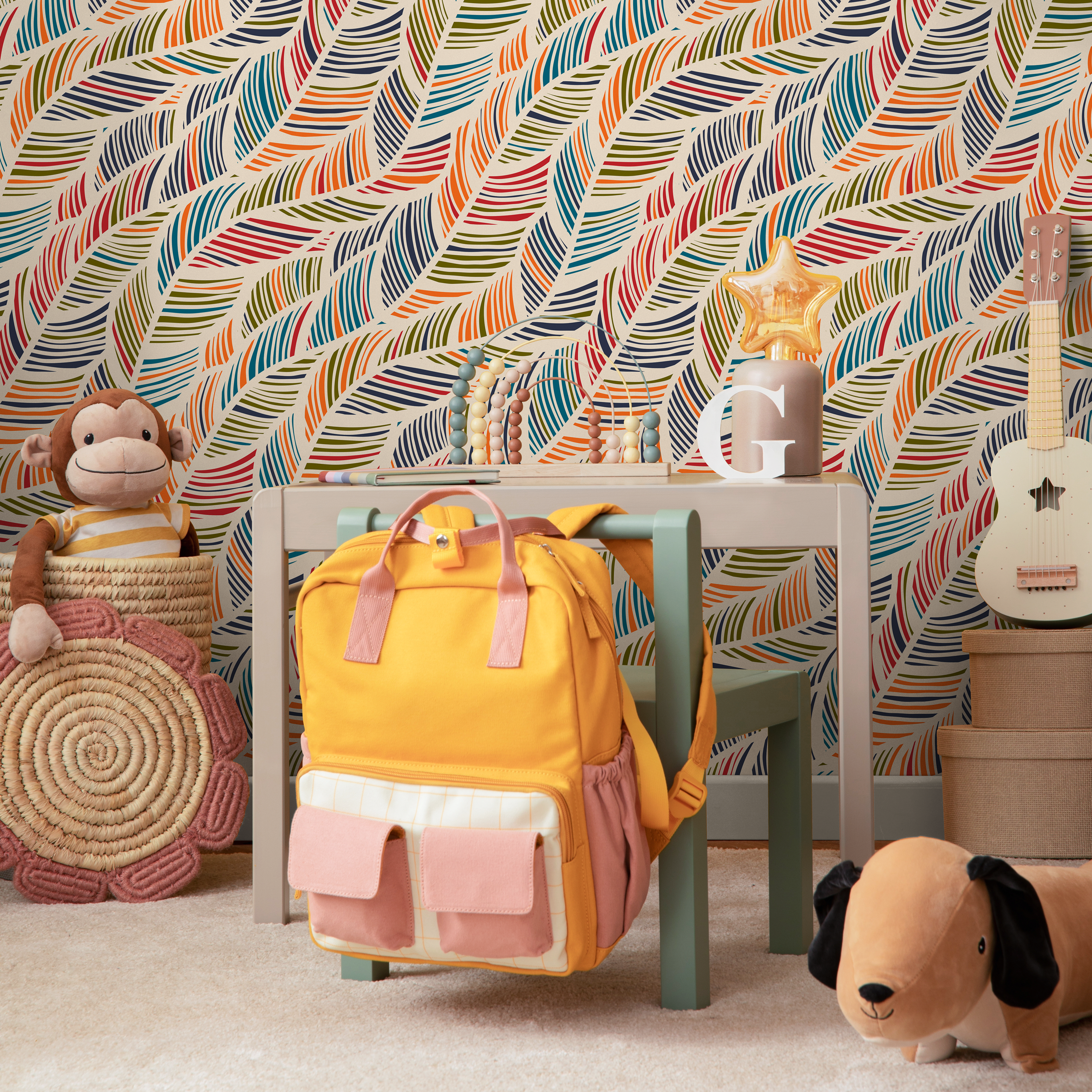 Scandinavian Wallpaper With Flowing Striped Leaves In Red, Blue, And Orange - B041