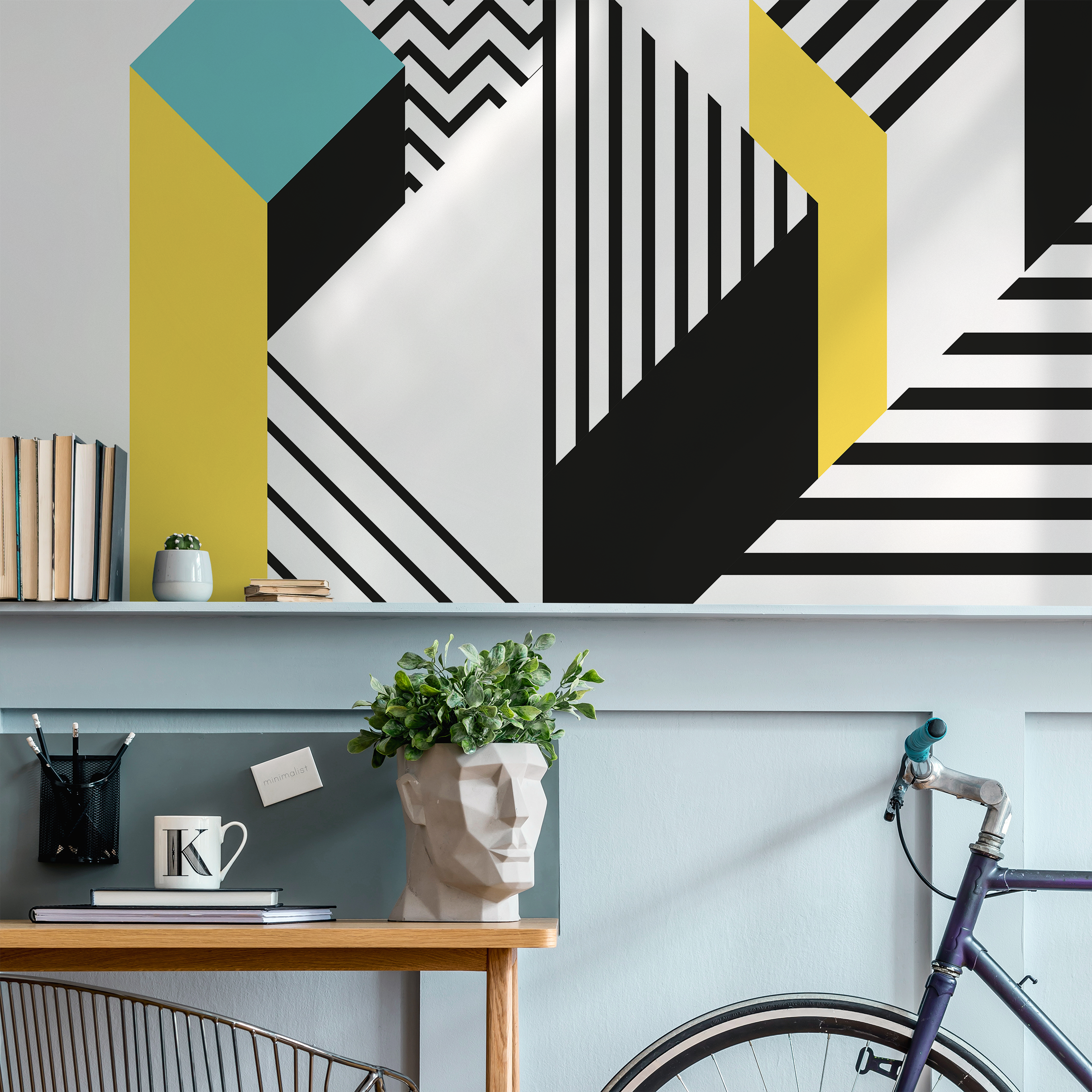 Geometric Wallpaper With 3d Blocks And Lines In Black, Teal, And Yellow - B042