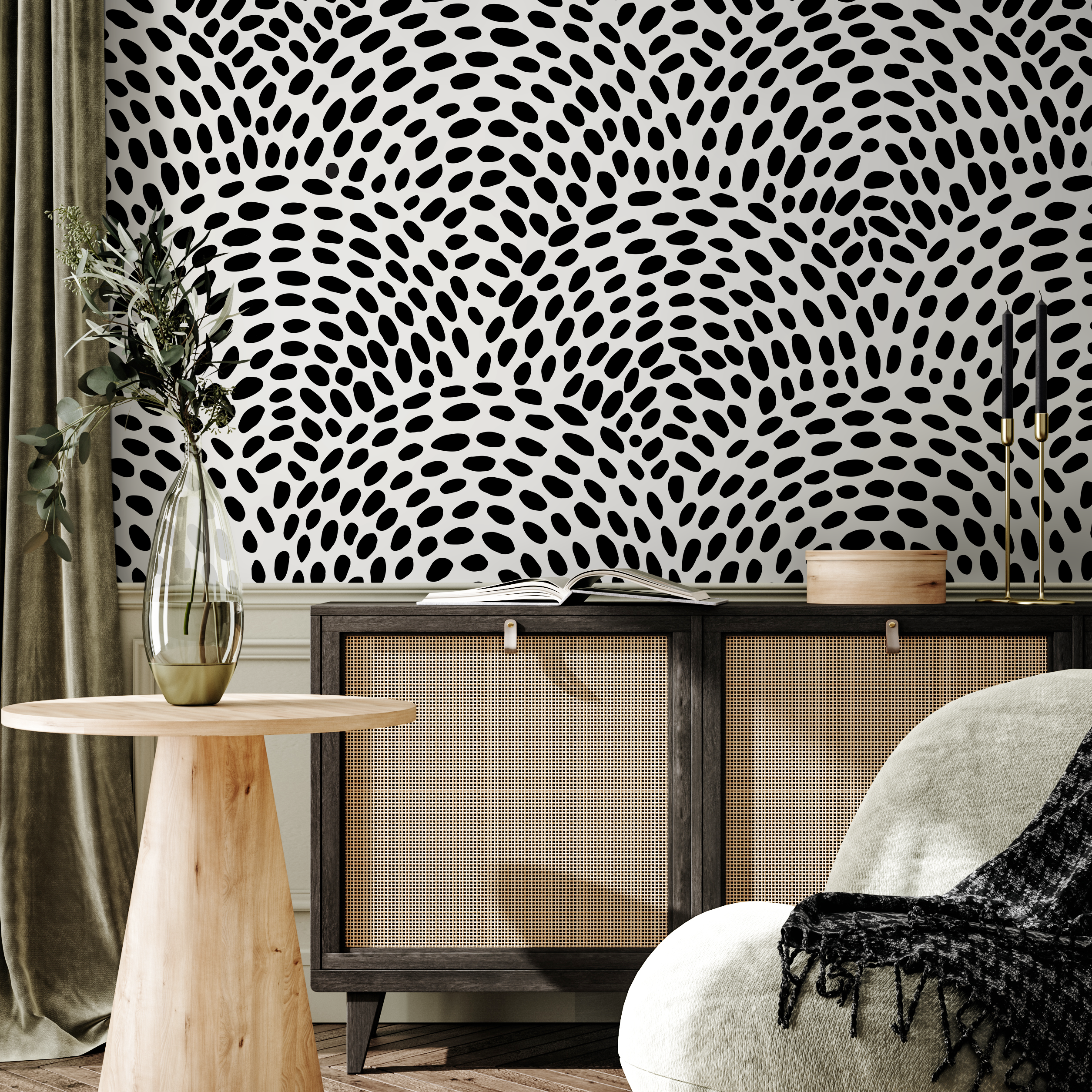 Abstract Wallpaper With A Wavy Pebble Motif In Black And White - B044