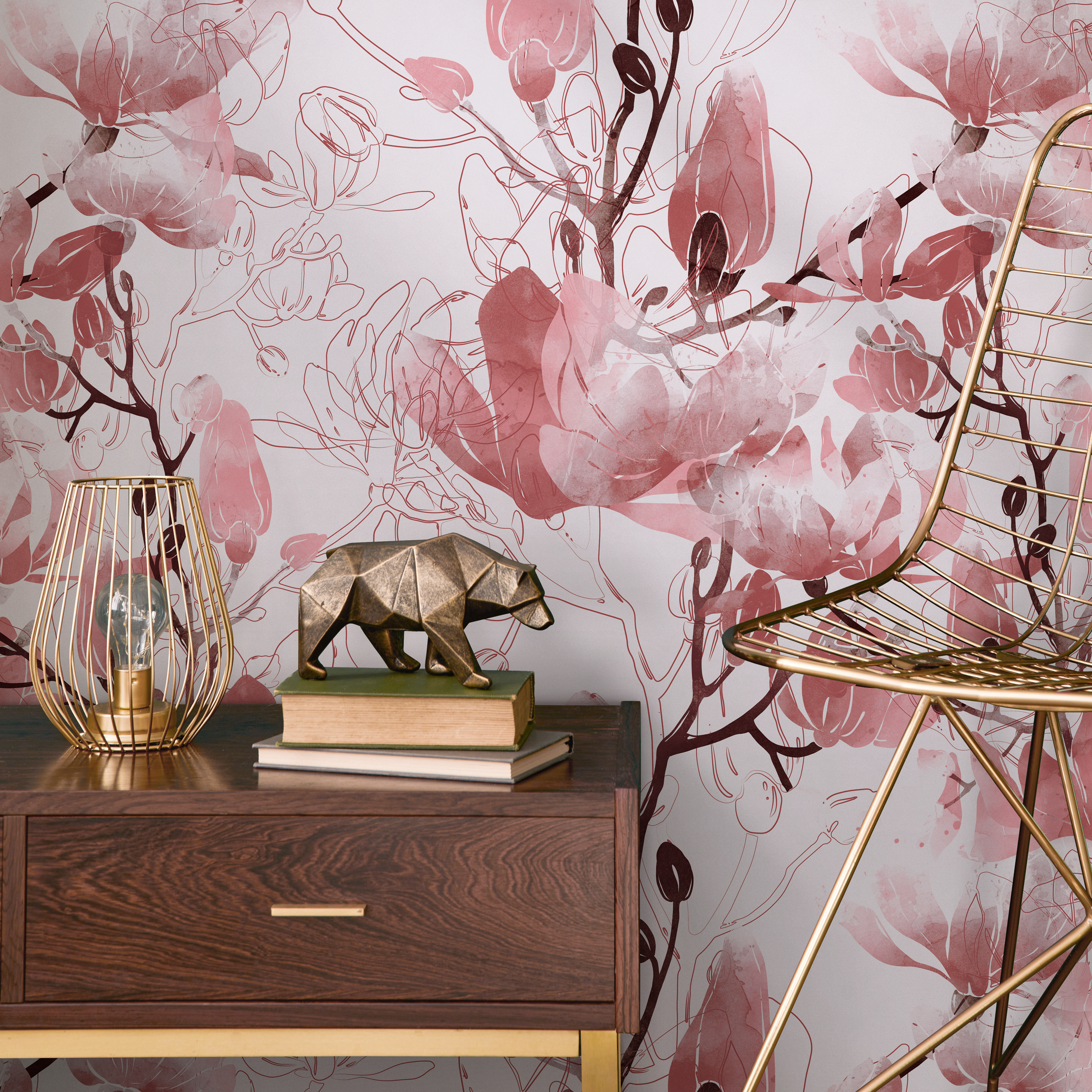 Floral Wallpaper With Watercolor And Line Art Blossoms In Pink And Burgundy - B047