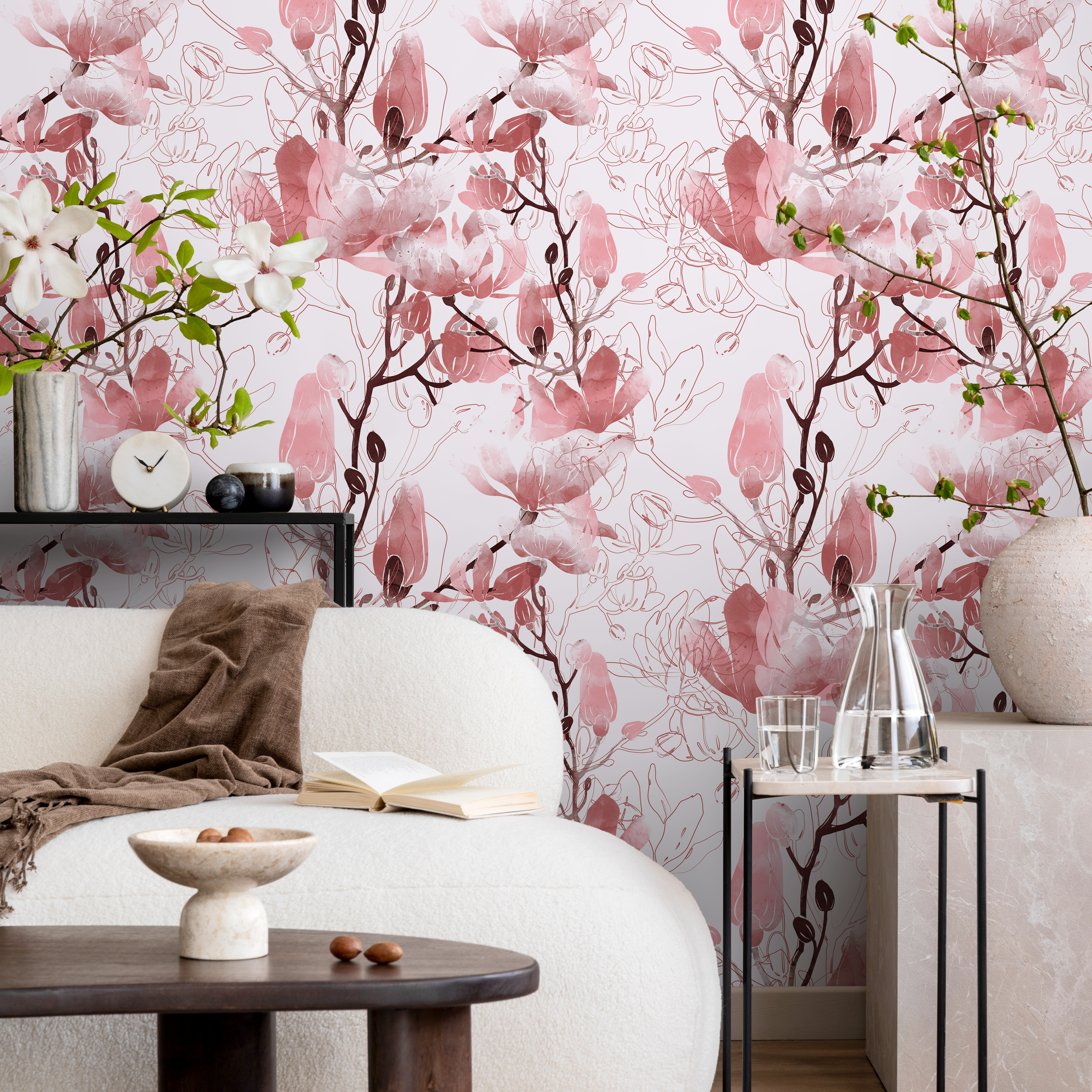 Floral Wallpaper With Watercolor And Line Art Blossoms In Pink And Burgundy - B047