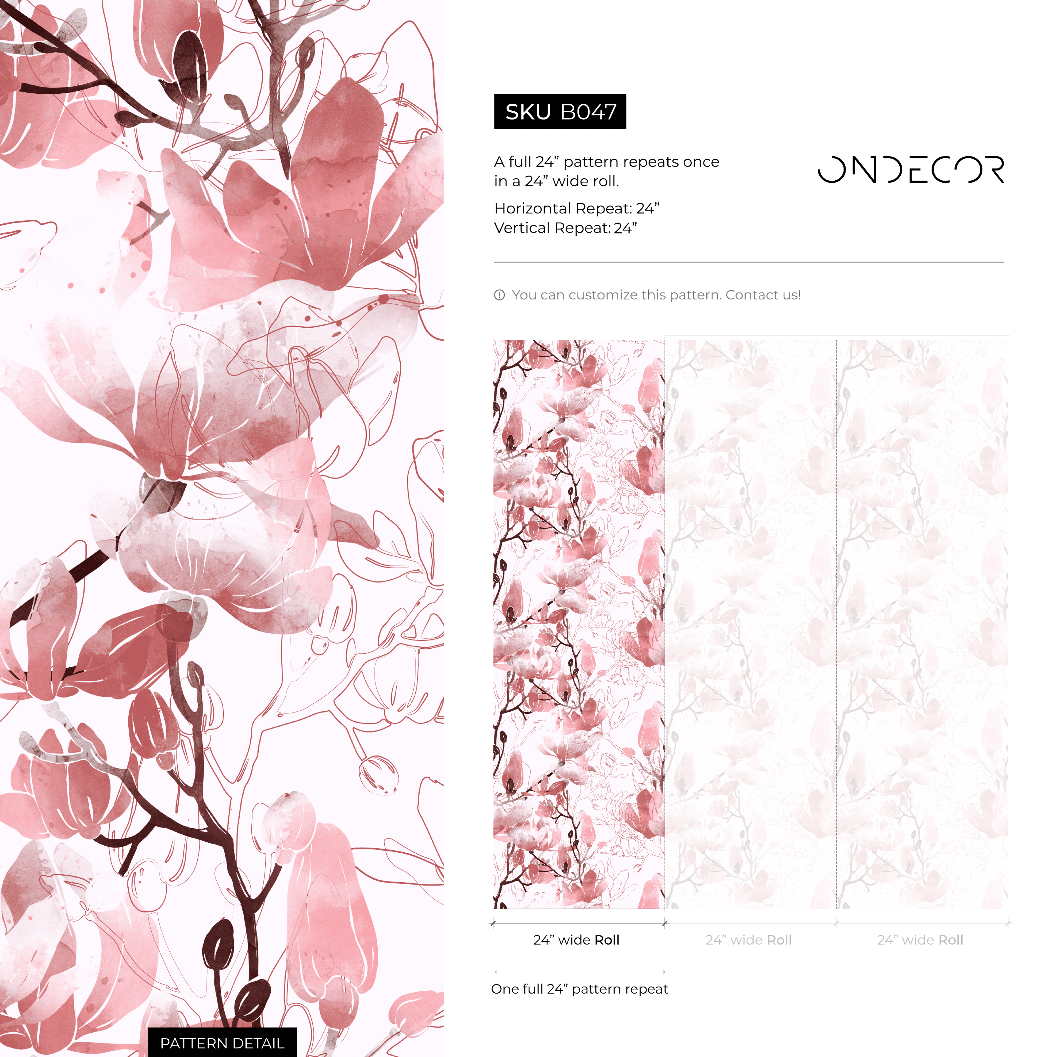 Floral Wallpaper With Watercolor And Line Art Blossoms In Pink And Burgundy - B047