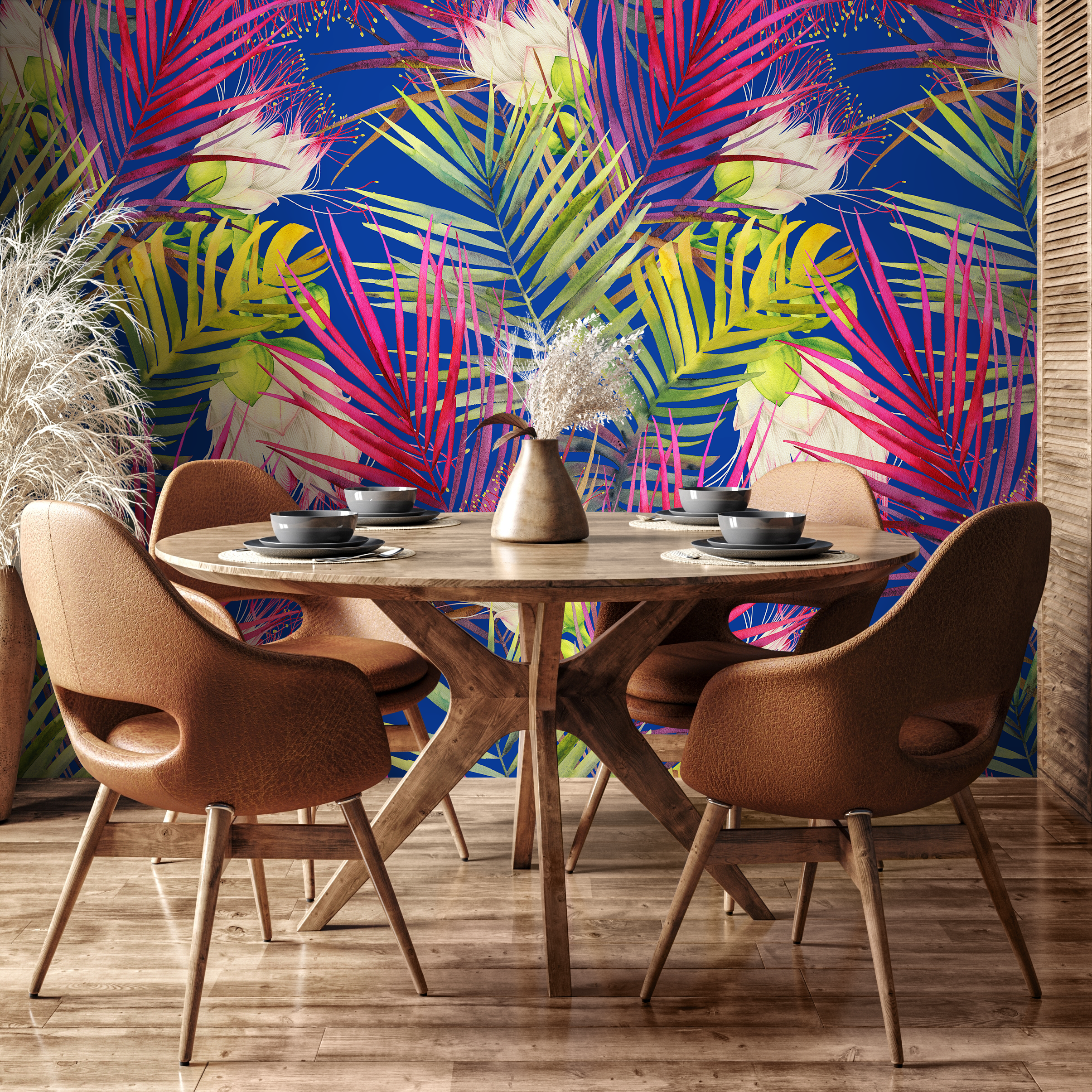 Botanical Wallpaper With Pop Art Flowers In Blue, Pink, And Green - B049