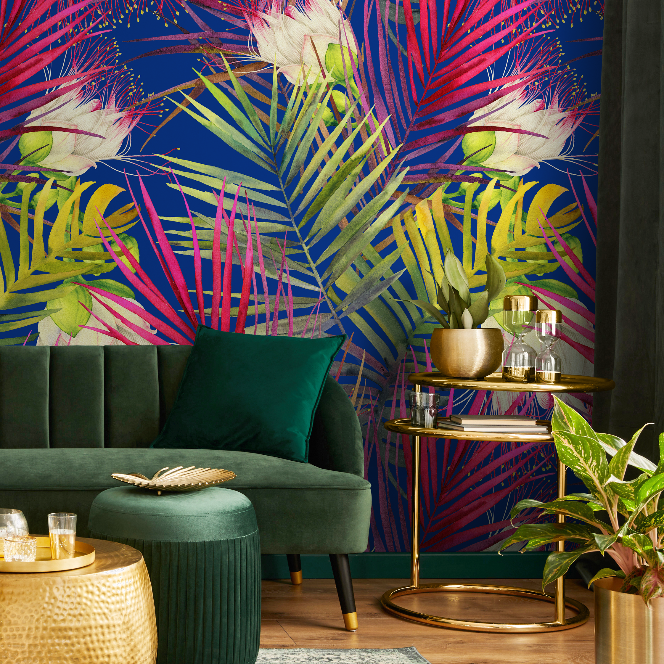 Botanical Wallpaper With Pop Art Flowers In Blue, Pink, And Green - B049