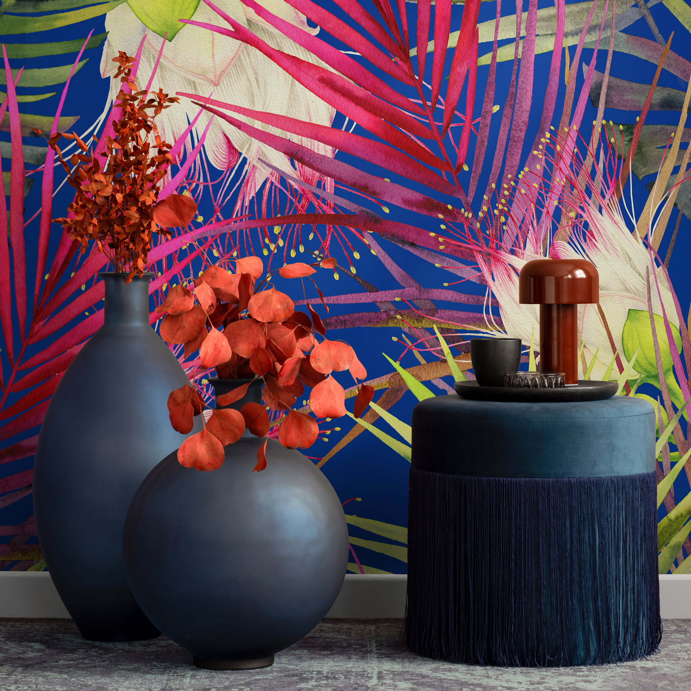 Botanical Wallpaper With Pop Art Flowers In Blue, Pink, And Green - B049