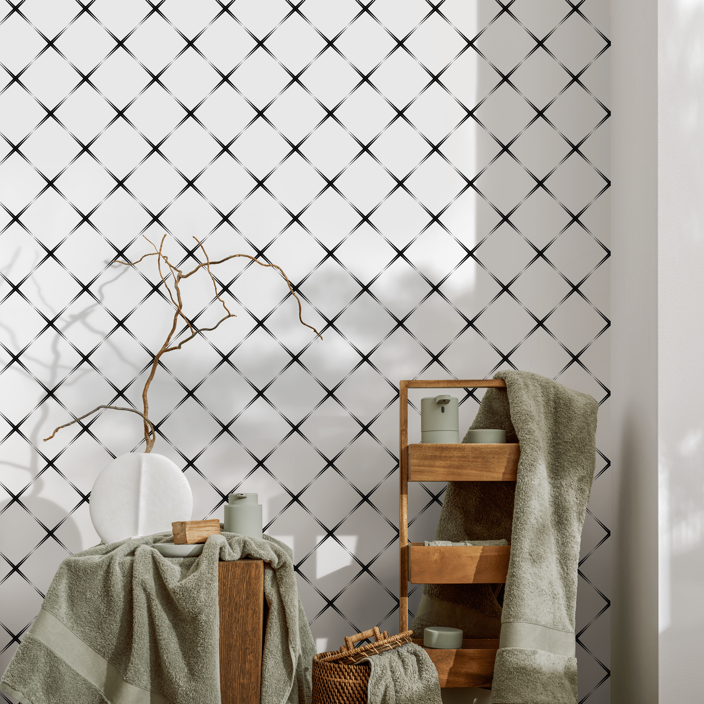 Geometric Wallpaper With A Star Cross Grid In Black And White - B050