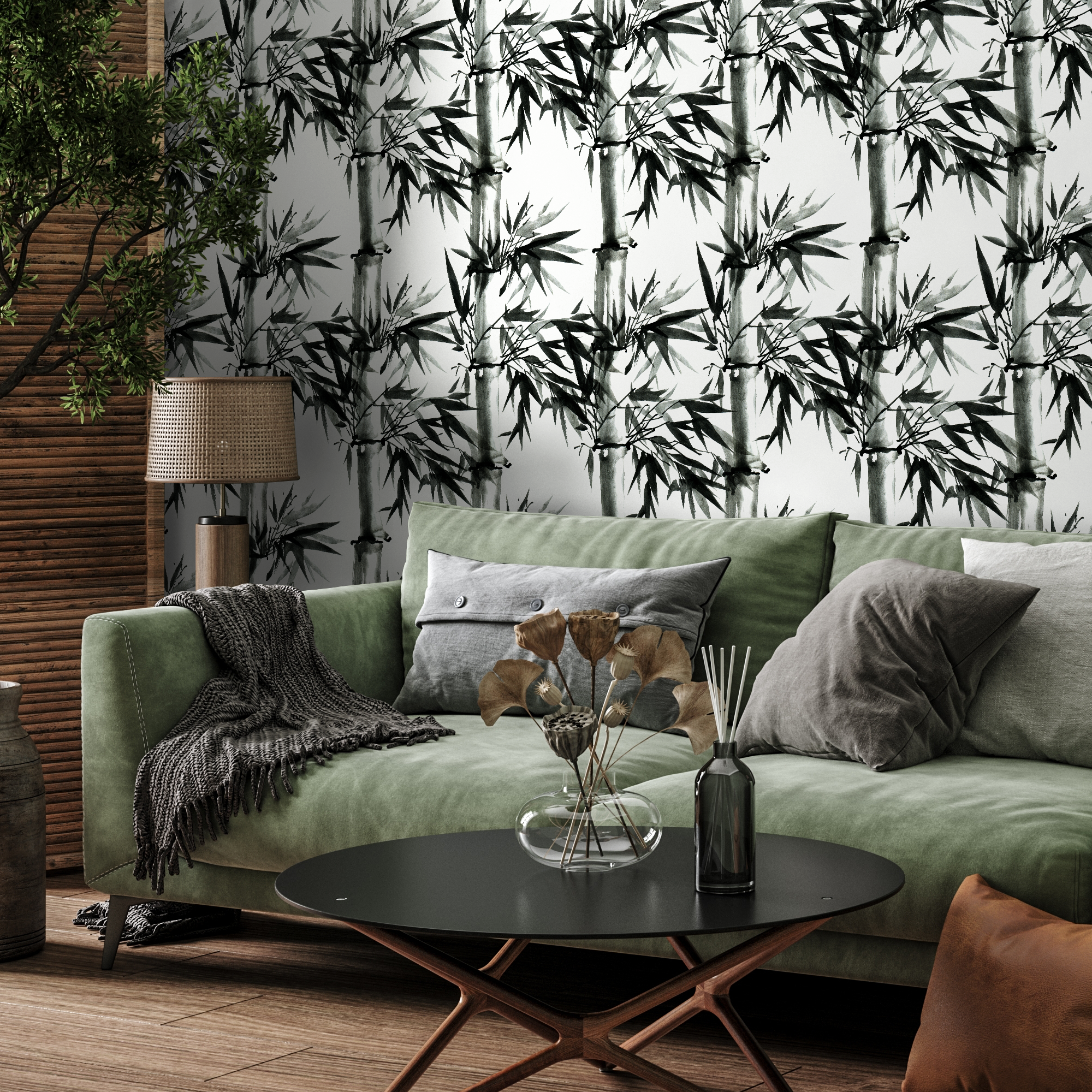 Japanese Wallpaper With An Ink Wash Bamboo Motif In Black And White - B051