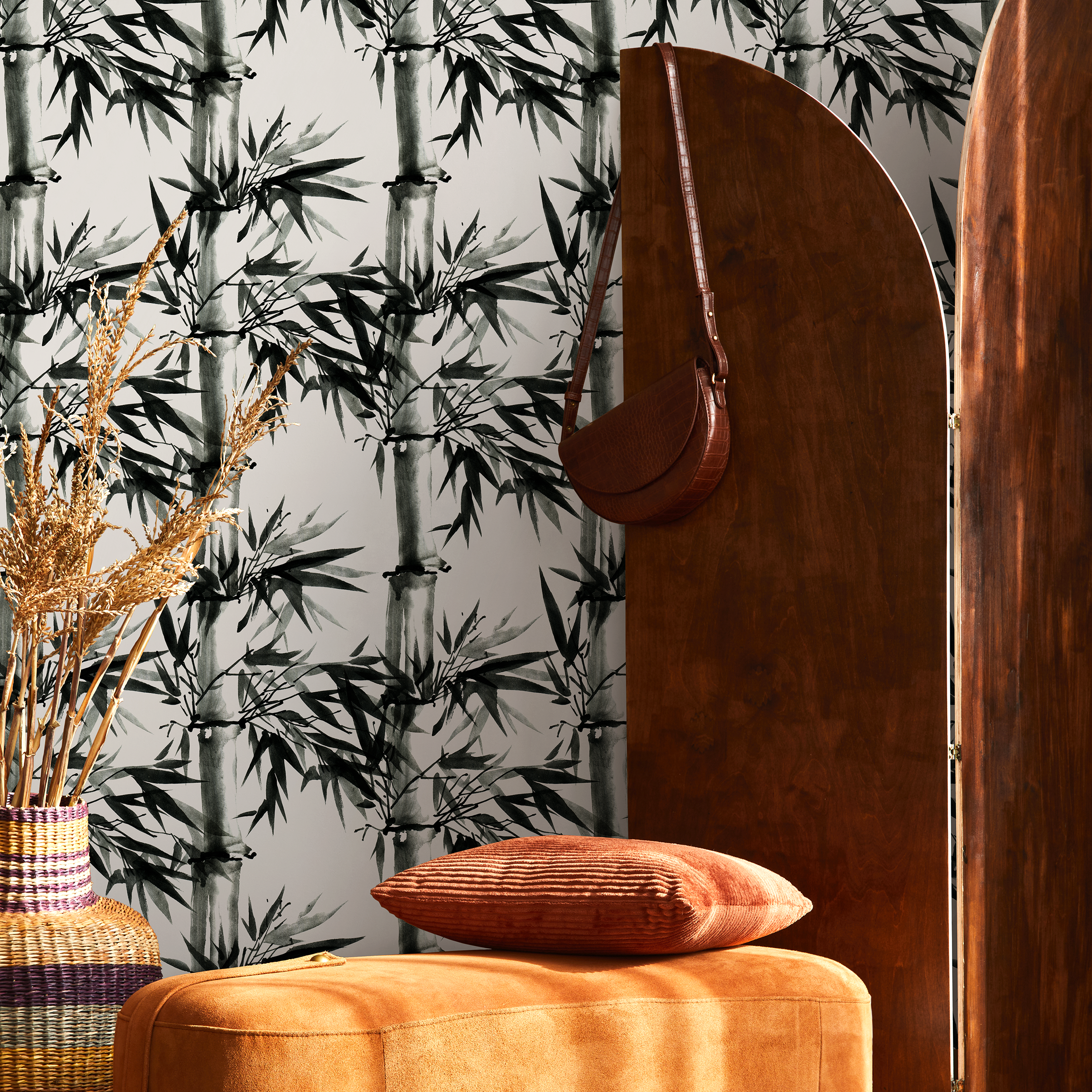 Japanese Wallpaper With An Ink Wash Bamboo Motif In Black And White - B051