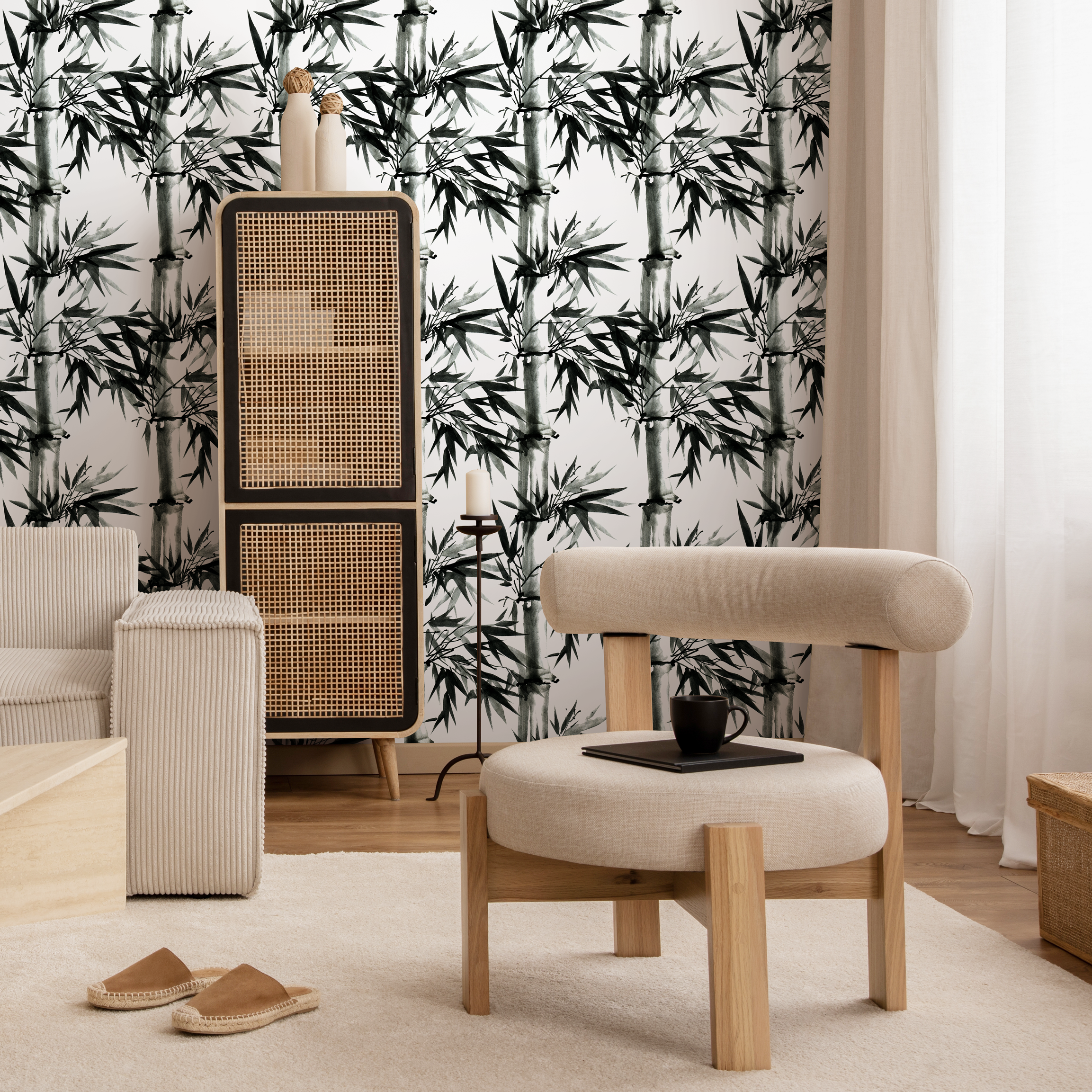 Japanese Wallpaper With An Ink Wash Bamboo Motif In Black And White - B051
