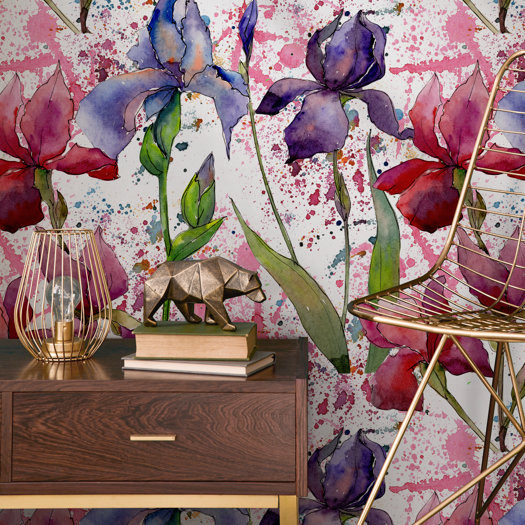 Floral Wallpaper With A Watercolor Iris Motif In Purple, Pink, And Red - B053