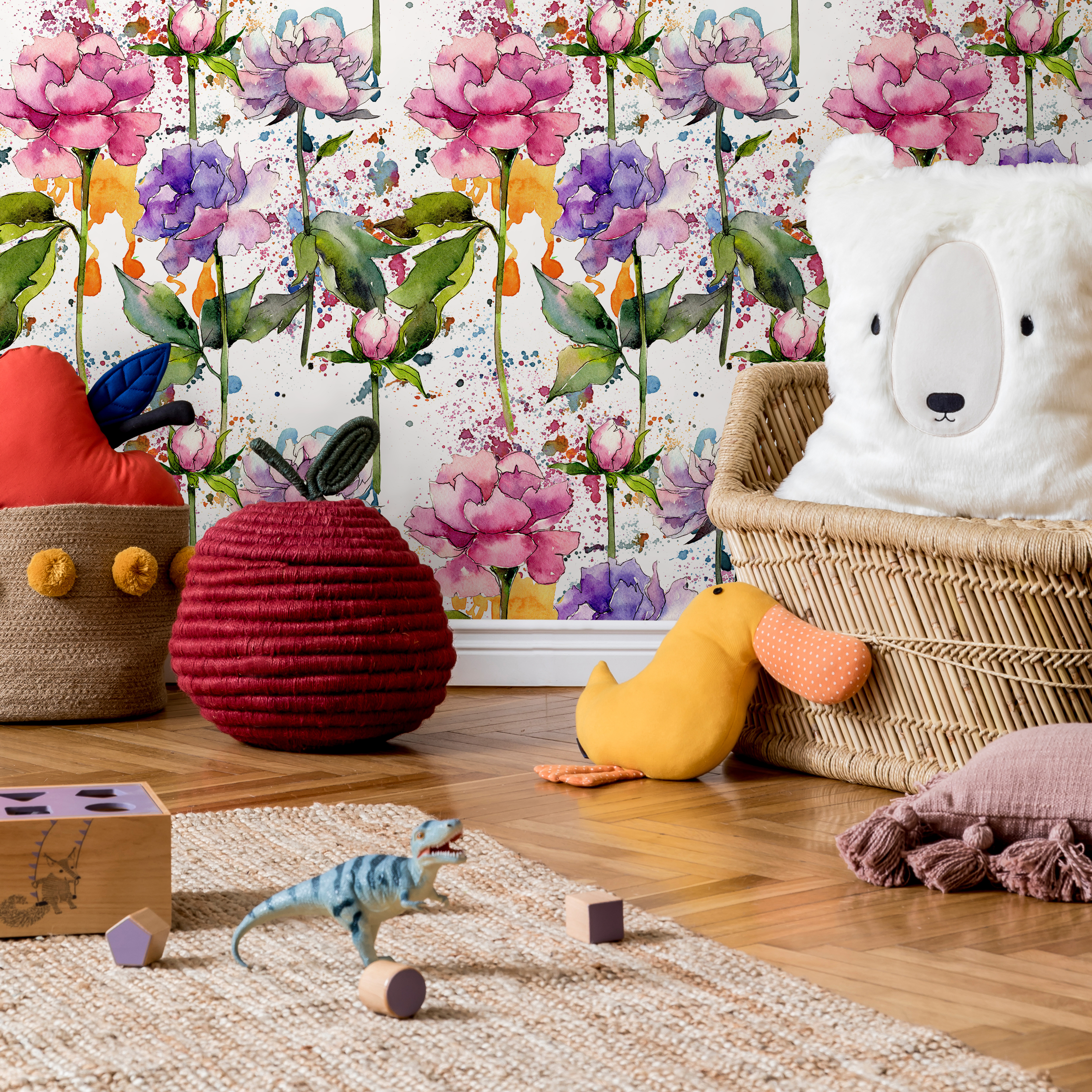 Floral Wallpaper With A Watercolor Peony Motif In Pink, Purple, And Green - B055