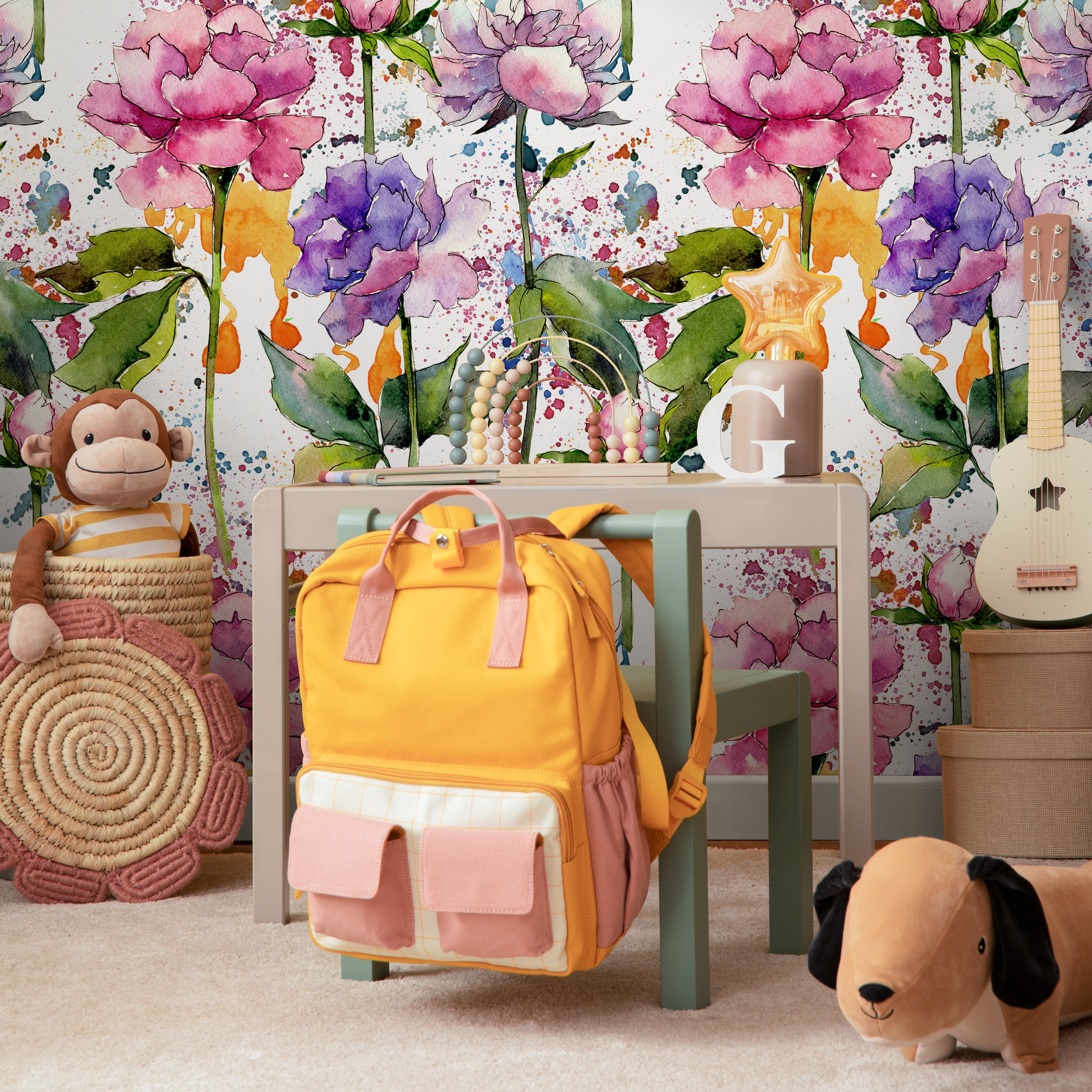 Floral Wallpaper With A Watercolor Peony Motif In Pink, Purple, And Green - B055