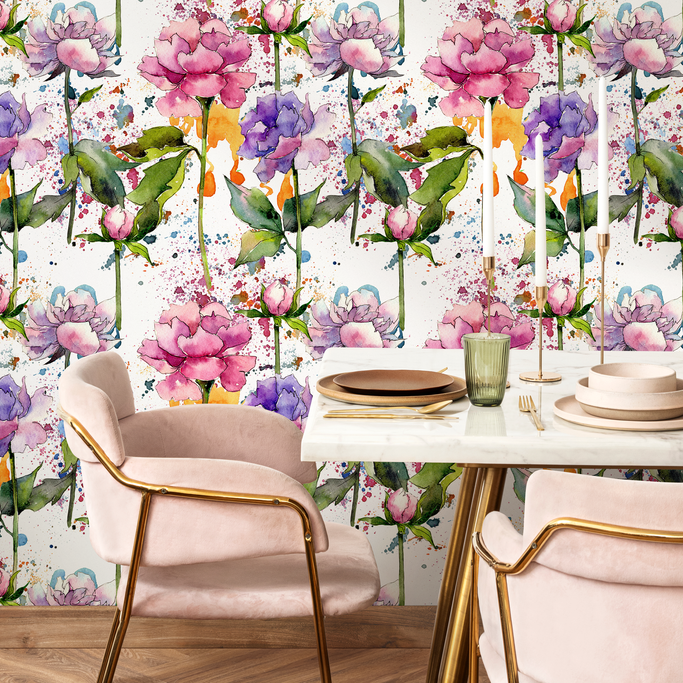 Floral Wallpaper With A Watercolor Peony Motif In Pink, Purple, And Green - B055