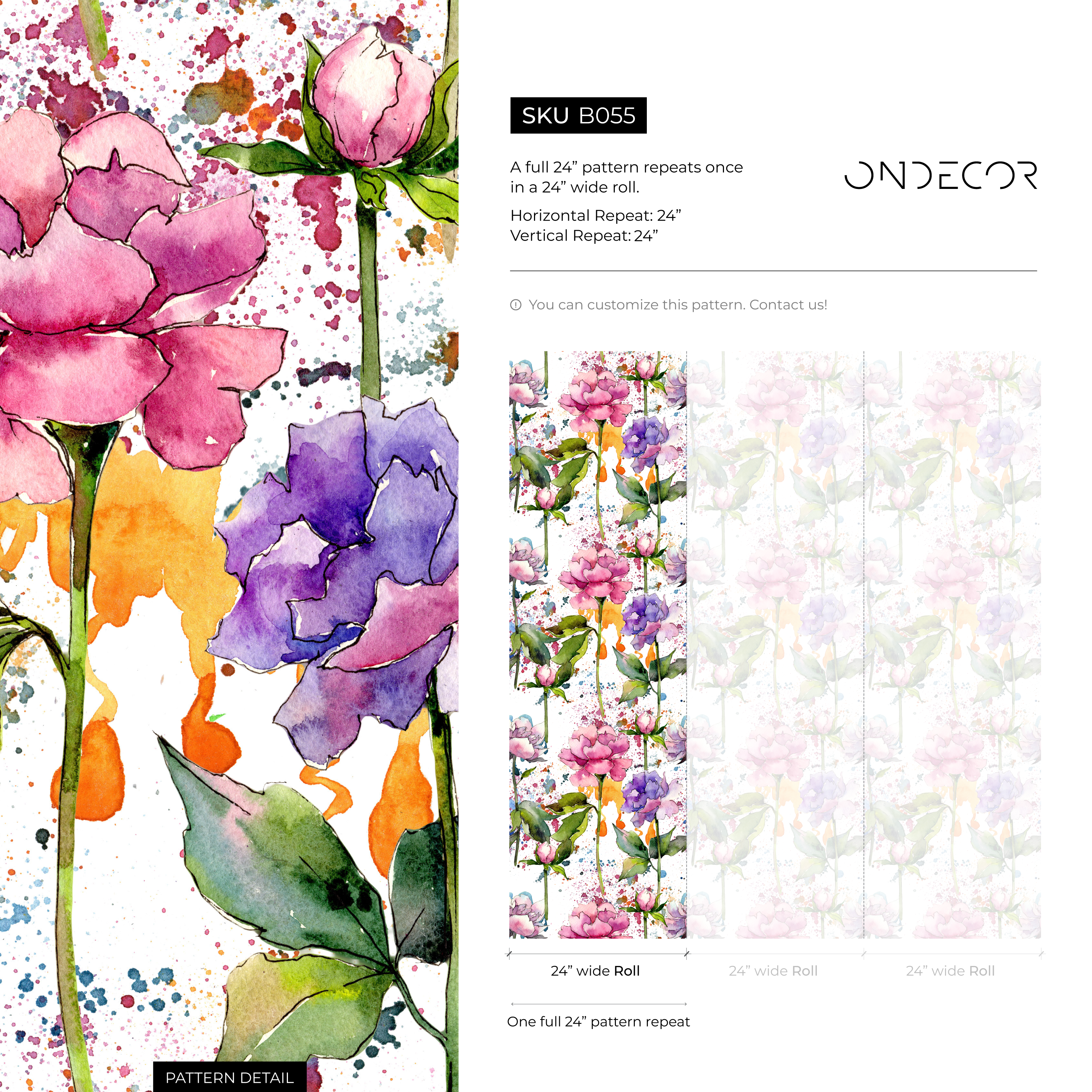 Floral Wallpaper With A Watercolor Peony Motif In Pink, Purple, And Green - B055