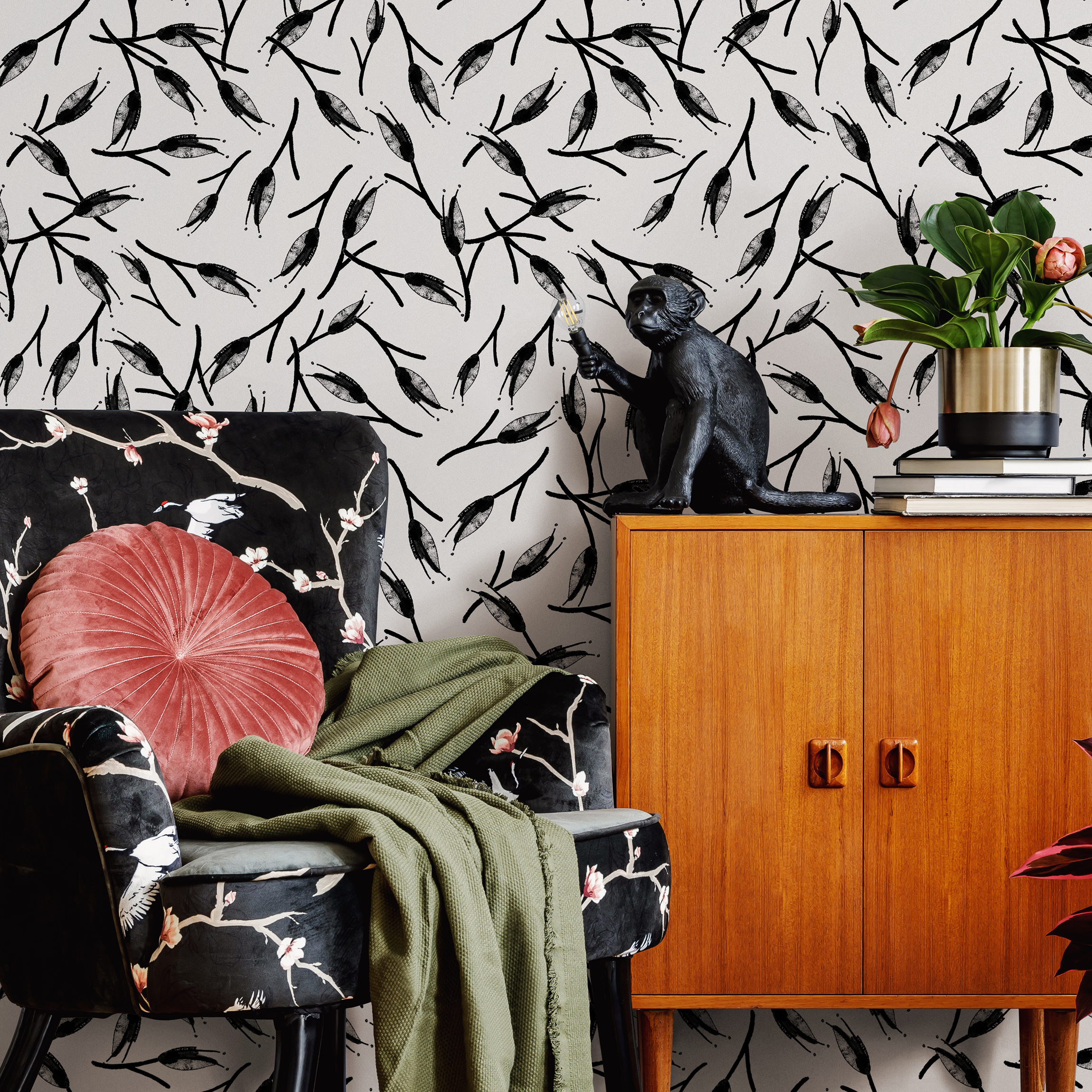 Scandinavian Wallpaper With Abstract Branches In Black And Light Gray - B056