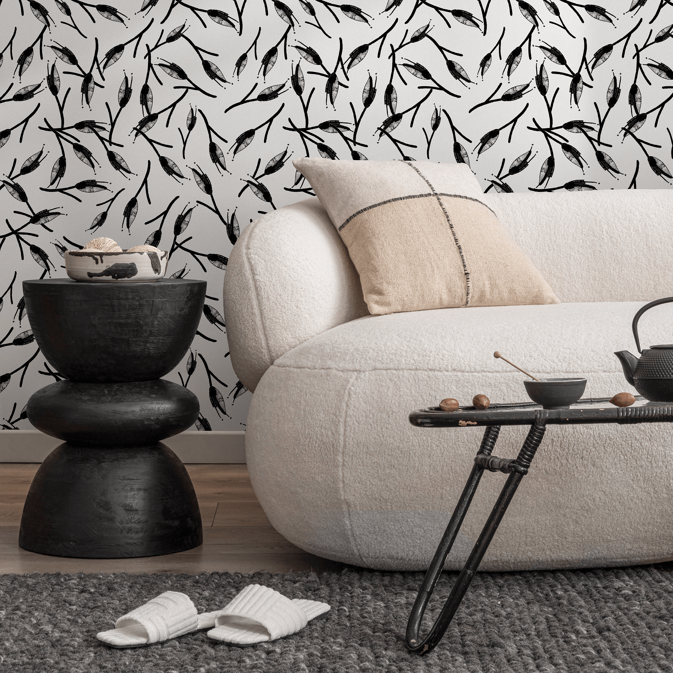 Scandinavian Wallpaper With Abstract Branches In Black And Light Gray - B056