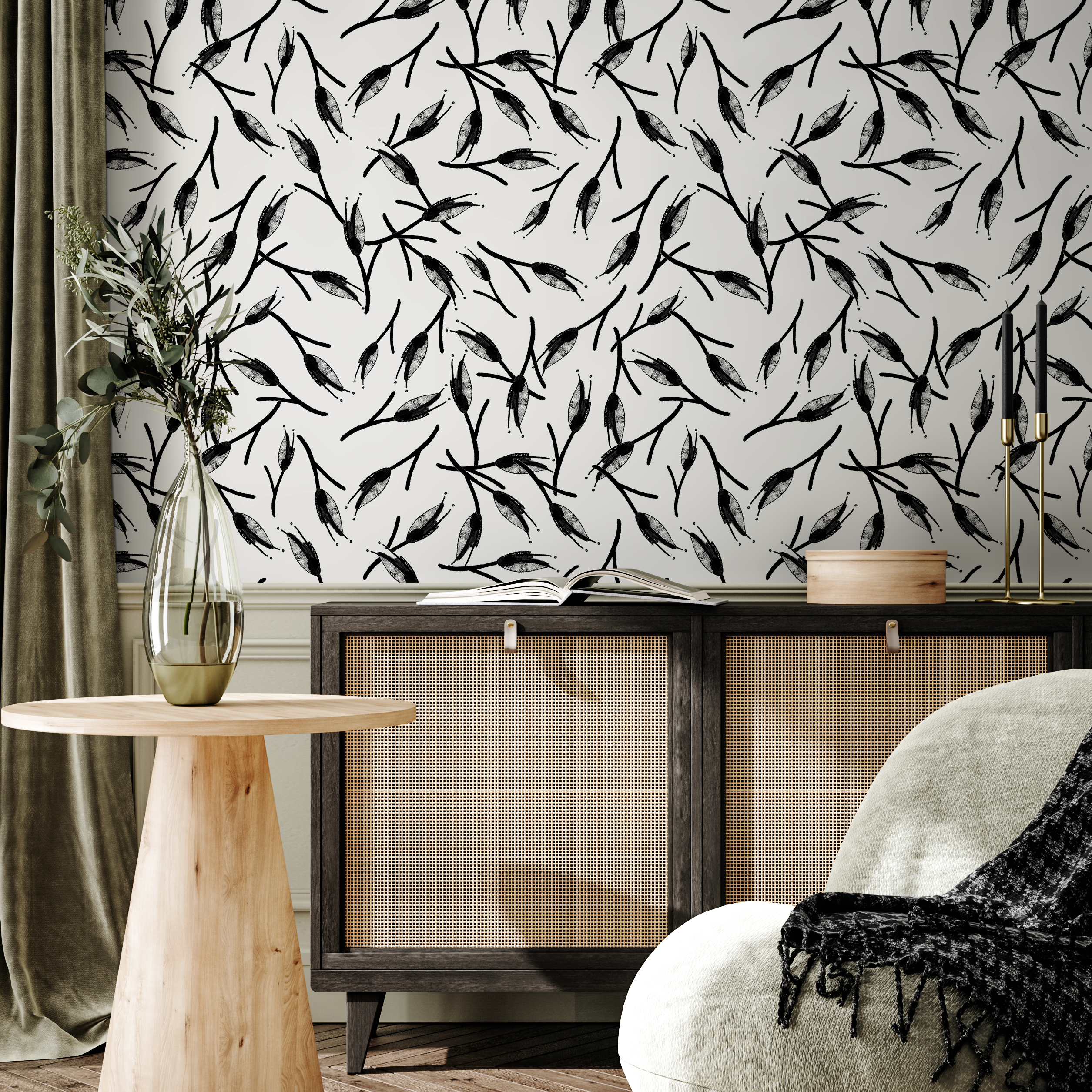 Scandinavian Wallpaper With Abstract Branches In Black And Light Gray - B056
