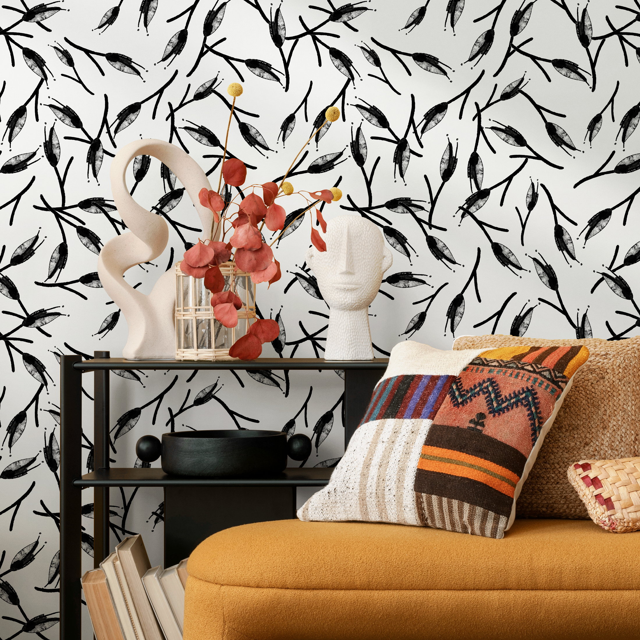 Scandinavian Wallpaper With Abstract Branches In Black And Light Gray - B056